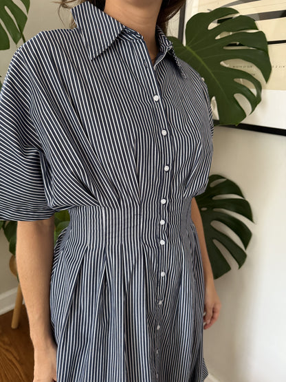 Aureum Lori Striped Button Pleated Midi Dress (Navy)