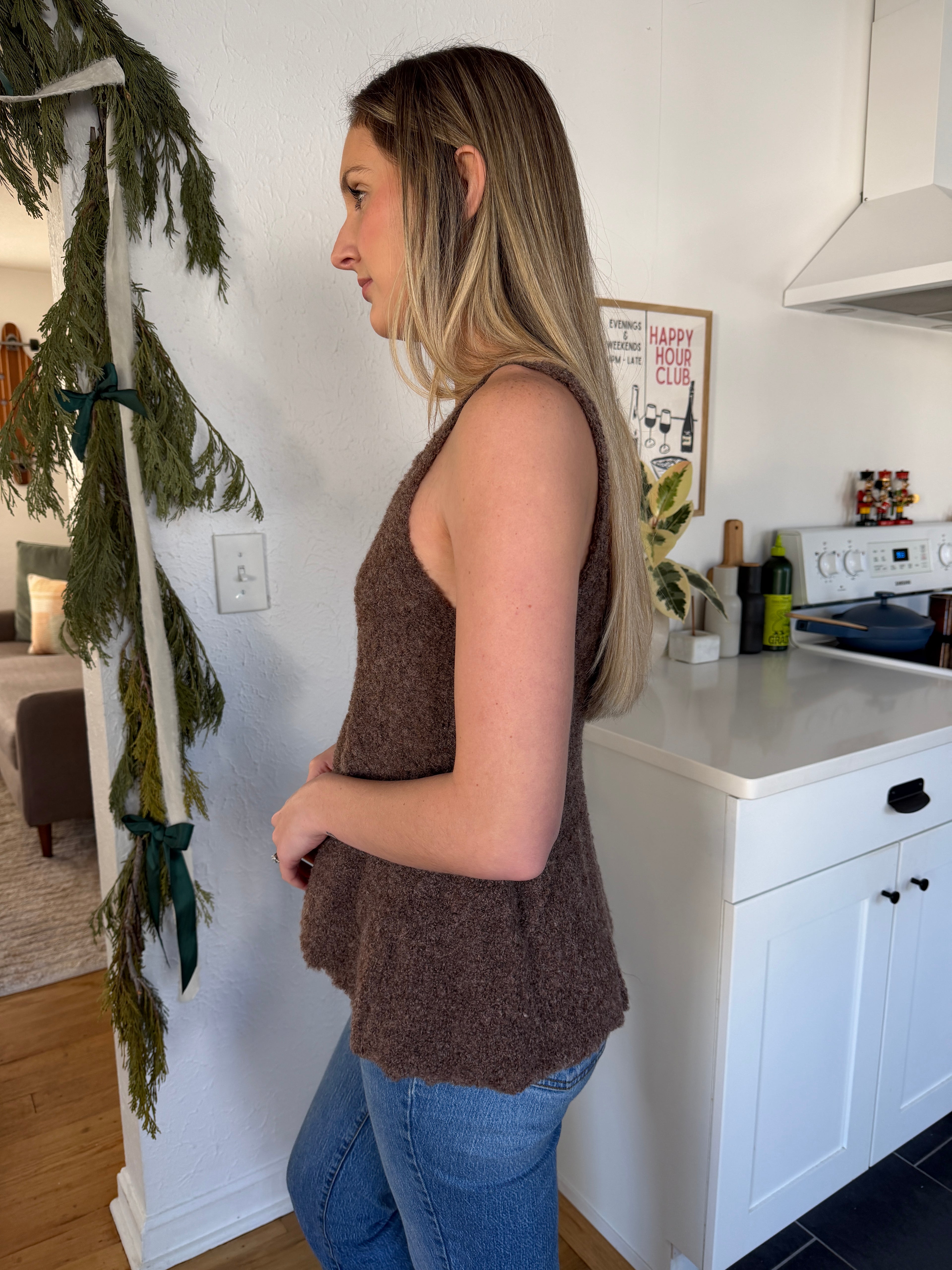 Things Between Daphne Brown Fuzzy Peplum Tank Top