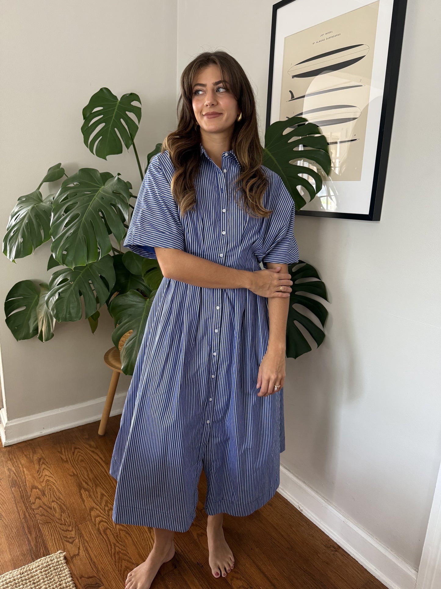 Aureum Lori Striped Button Pleated Midi Dress (Blue)