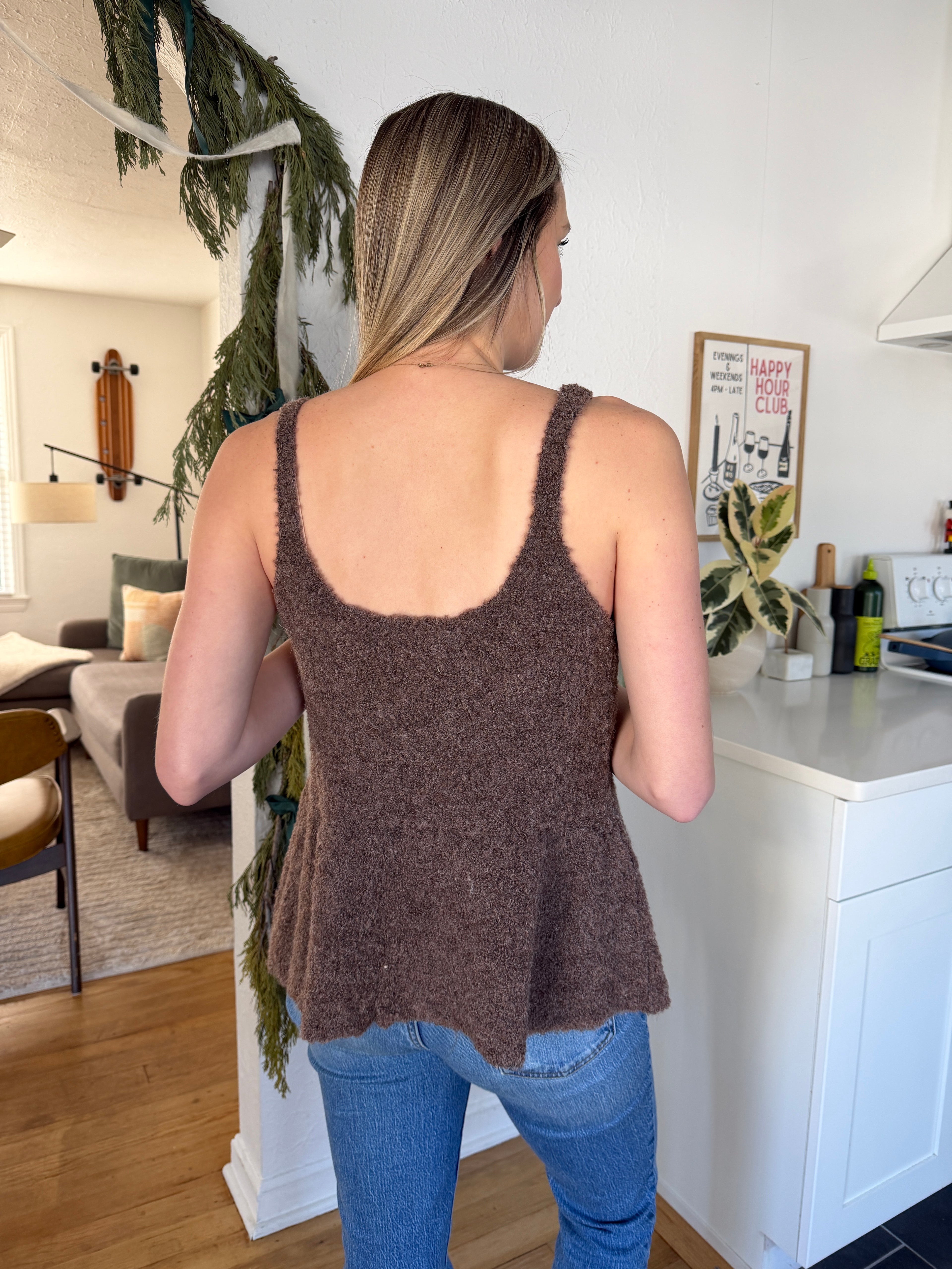 Things Between Daphne Brown Fuzzy Peplum Tank Top