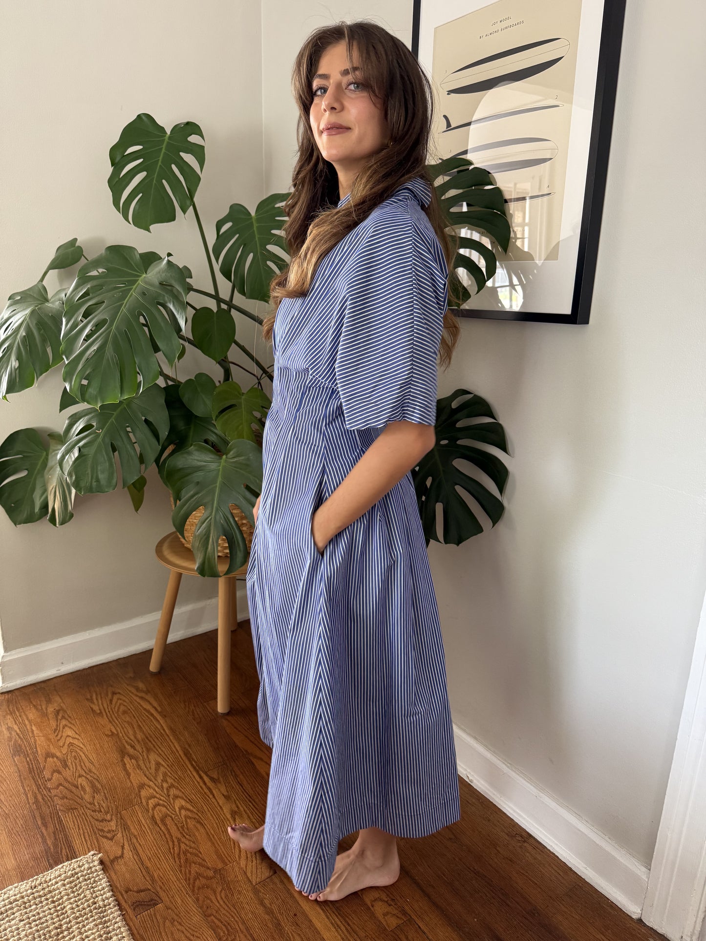 Aureum Lori Striped Button Pleated Midi Dress (Blue)
