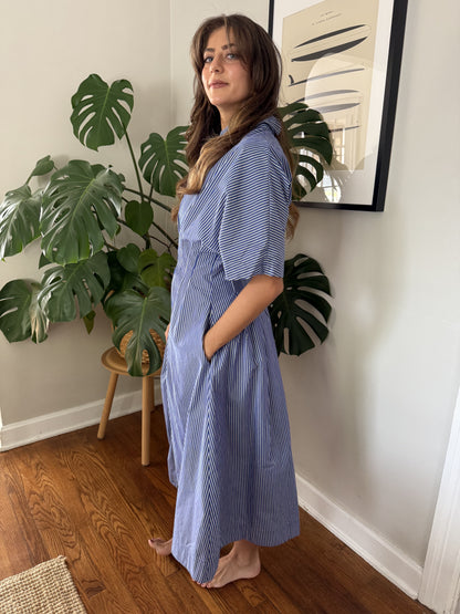 Aureum Lori Striped Button Pleated Midi Dress (Blue)