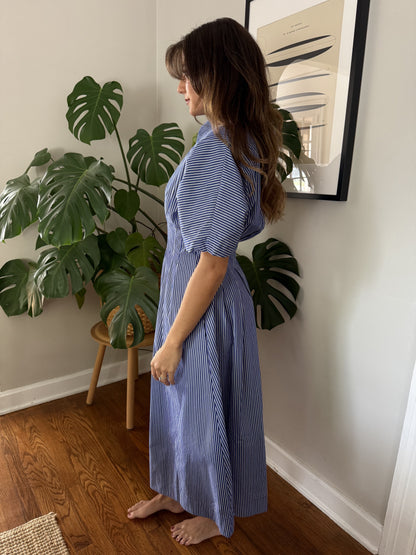 Aureum Lori Striped Button Pleated Midi Dress (Blue)
