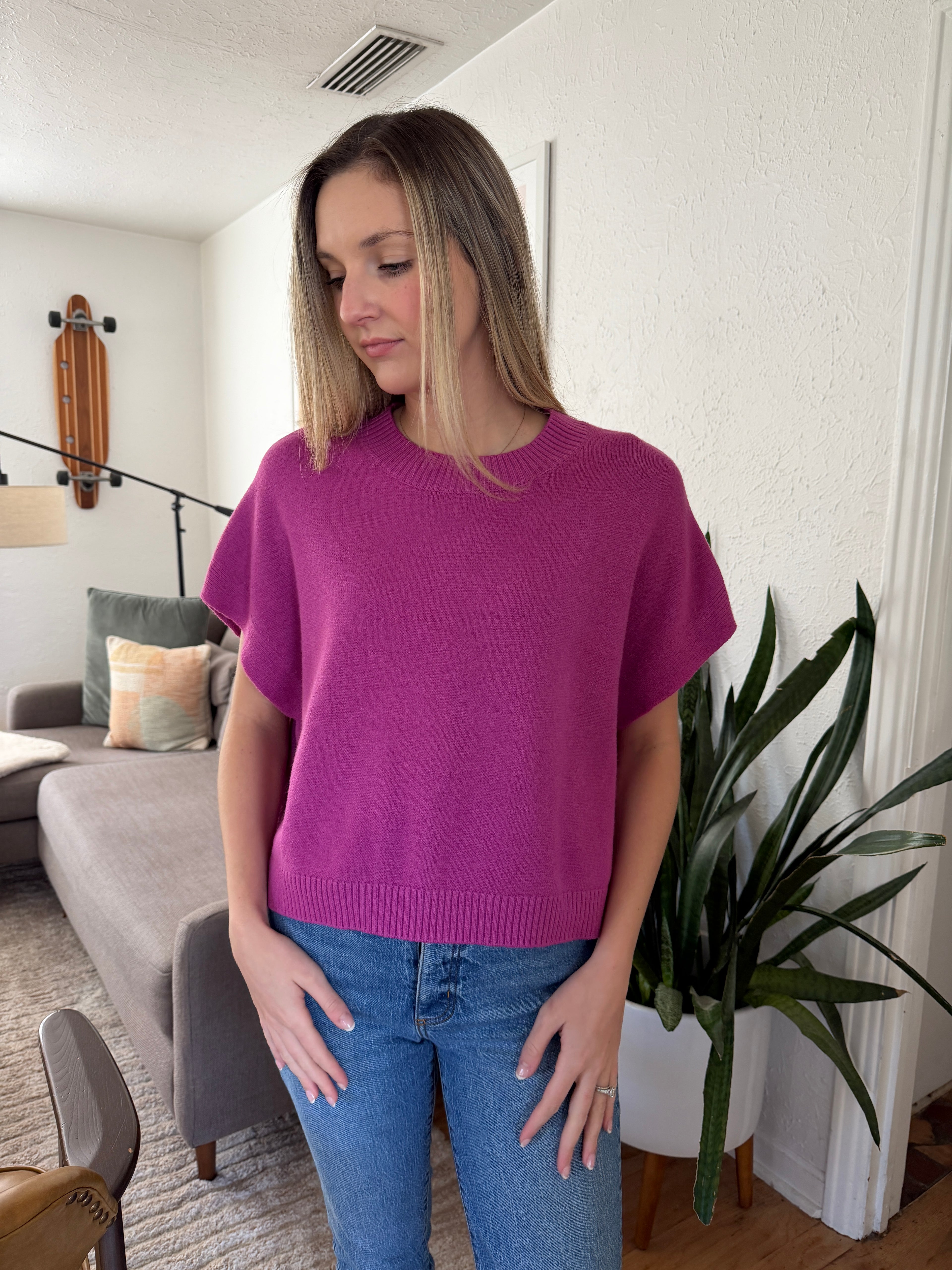 PINCH Heidi Boxy Knit Sleeveless Top (Fuchsia)