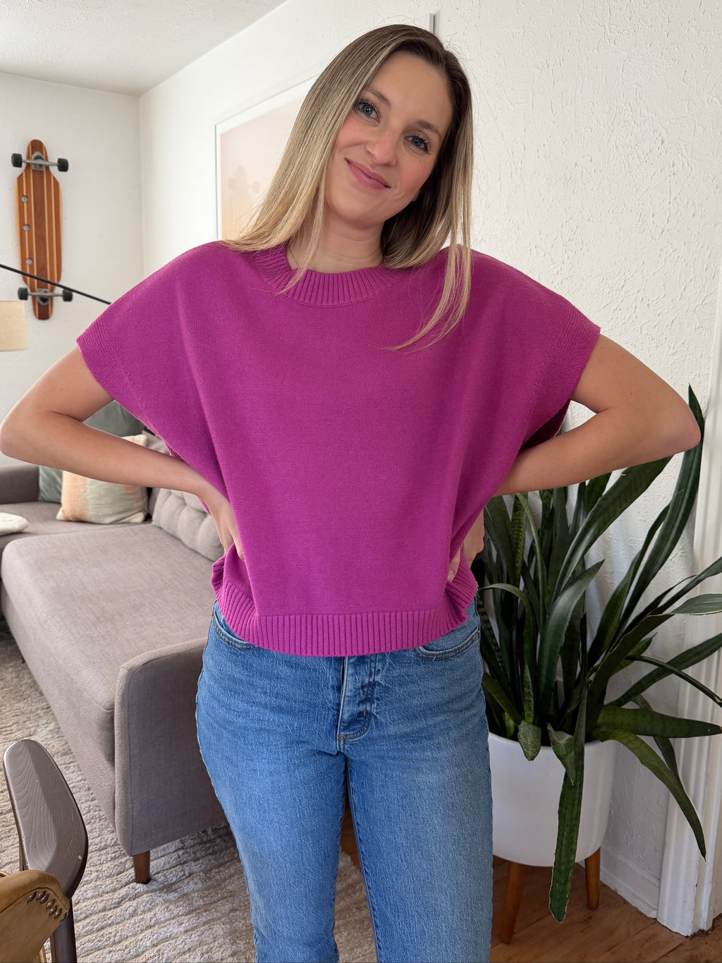 PINCH Heidi Boxy Knit Sleeveless Top (Fuchsia)