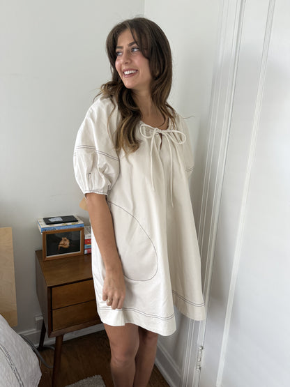 Aureum Lauren Cream Contrast Stitch Babydoll Mini Dress