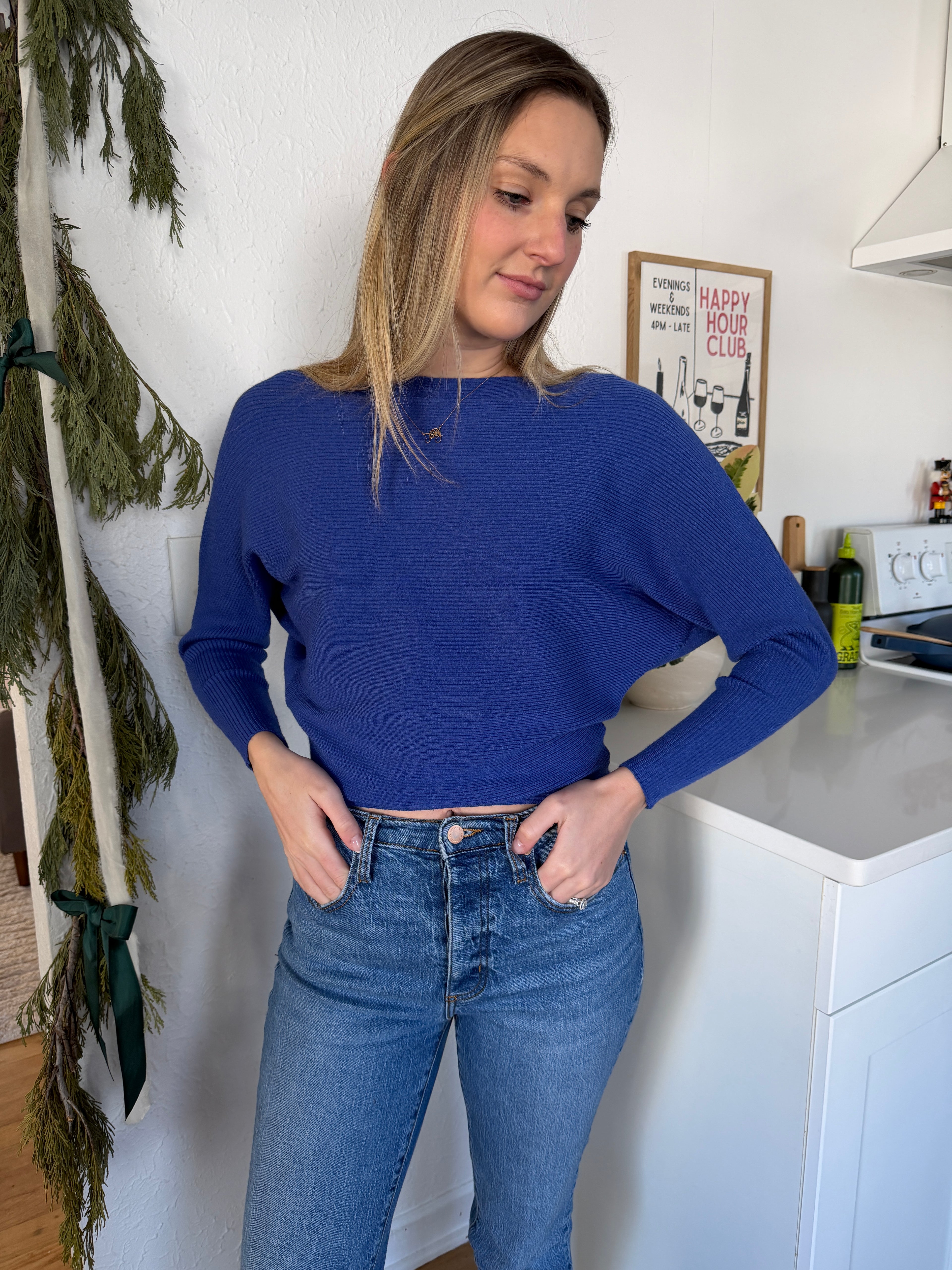 PINCH Alyssa Blue Rib Fitted Long Sleeve Top