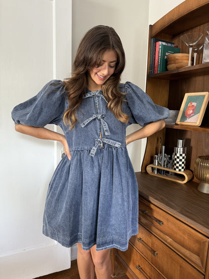 Sofie the Label Gabby Tie Top Puff Sleeve Mini Dress (Denim)