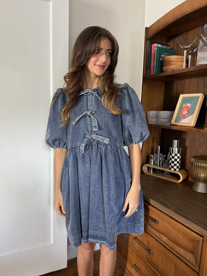 Sofie the Label Gabby Tie Top Puff Sleeve Mini Dress (Denim)