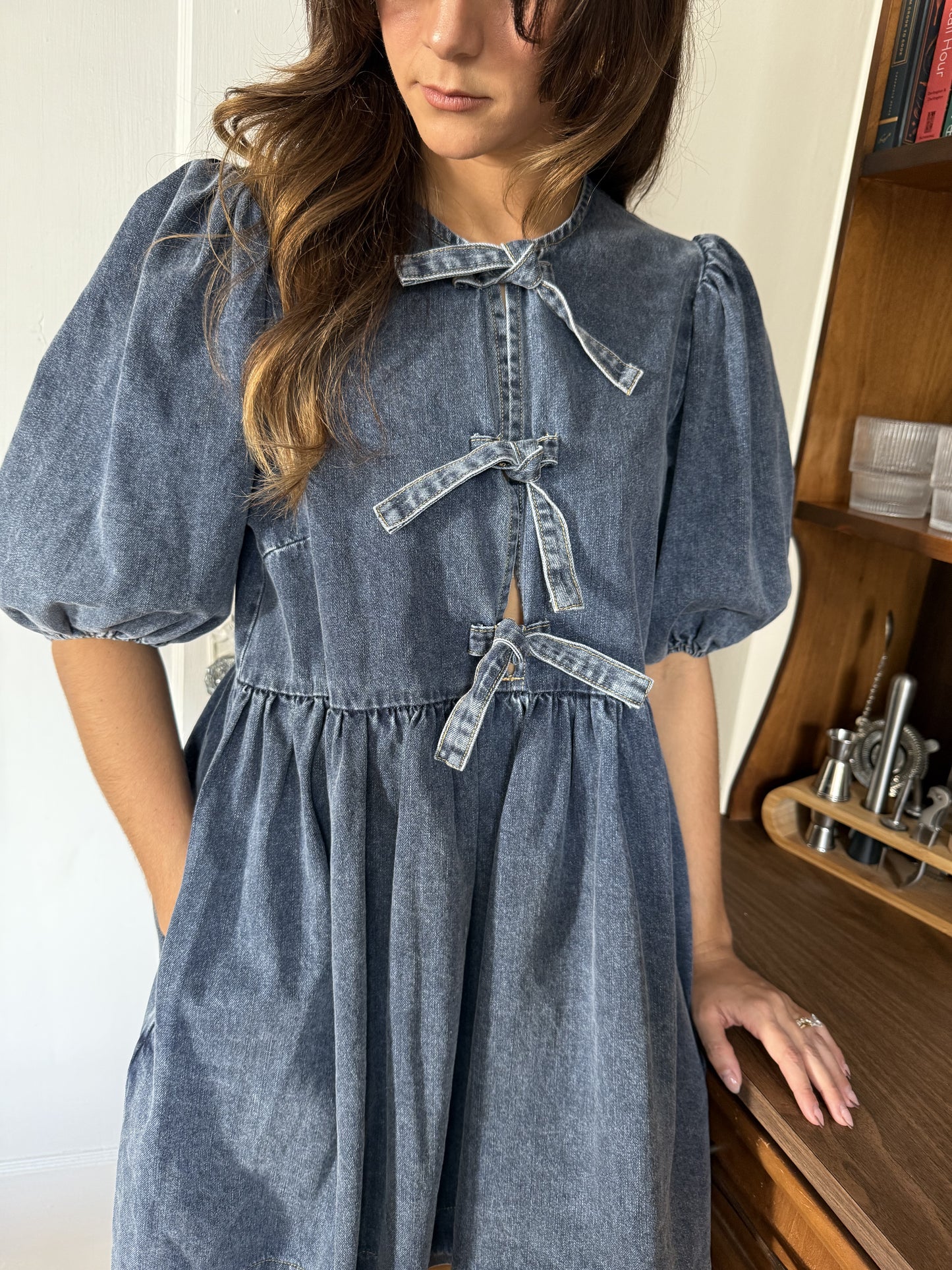 Sofie the Label Gabby Tie Top Puff Sleeve Mini Dress (Denim)
