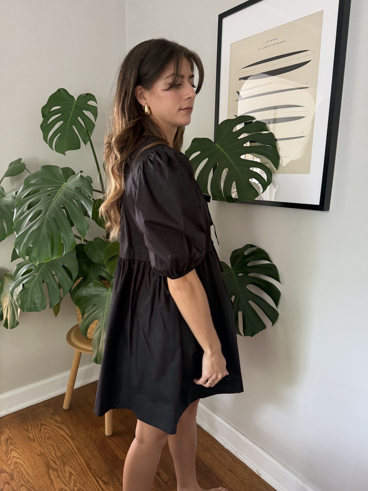 Leslie Black Poplin Tie Top Puff Sleeve Mini Dress