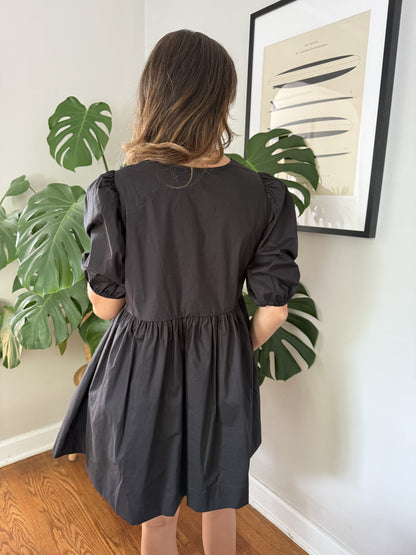 Leslie Black Poplin Tie Top Puff Sleeve Mini Dress