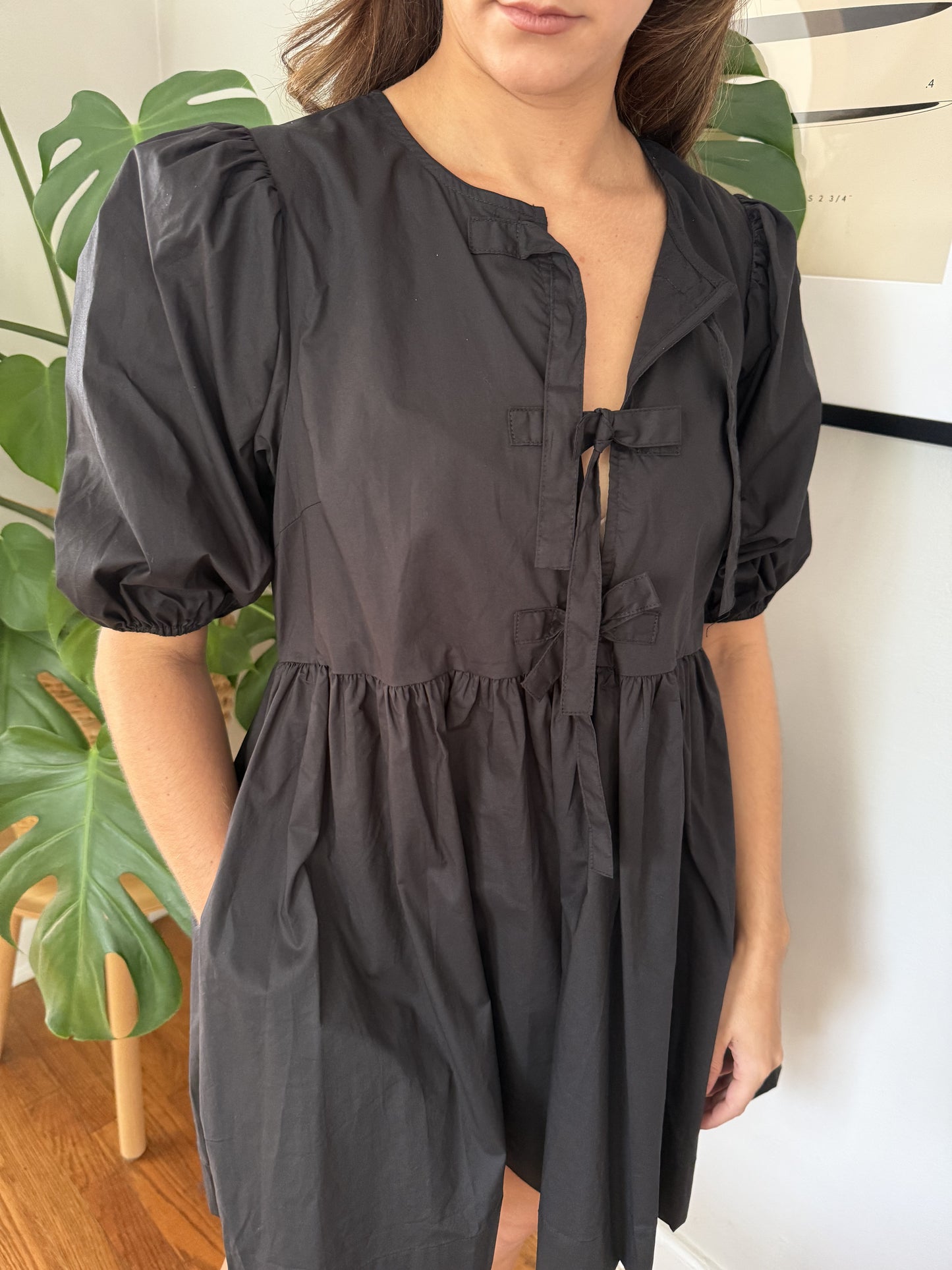 Leslie Black Poplin Tie Top Puff Sleeve Mini Dress