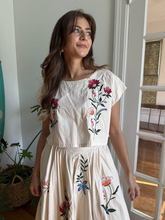 Lacey Floral Embroidered Cream Crop Top