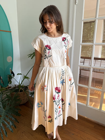 Lacey Floral Embroidered Cream Midi Skirt
