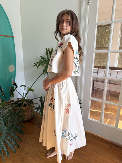 Lacey Floral Embroidered Cream Midi Skirt