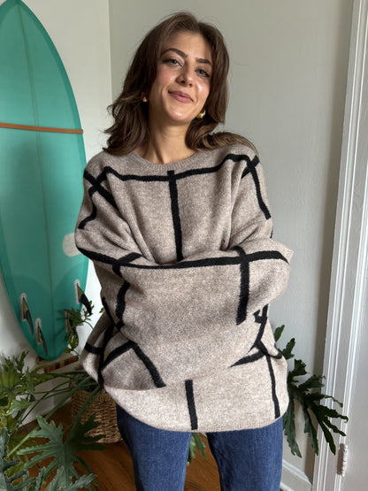 Lilah Taupe Grid Patterned Knit Pullover Sweater (S)
