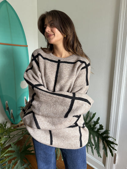 Lilah Taupe Grid Patterned Knit Pullover Sweater (S)