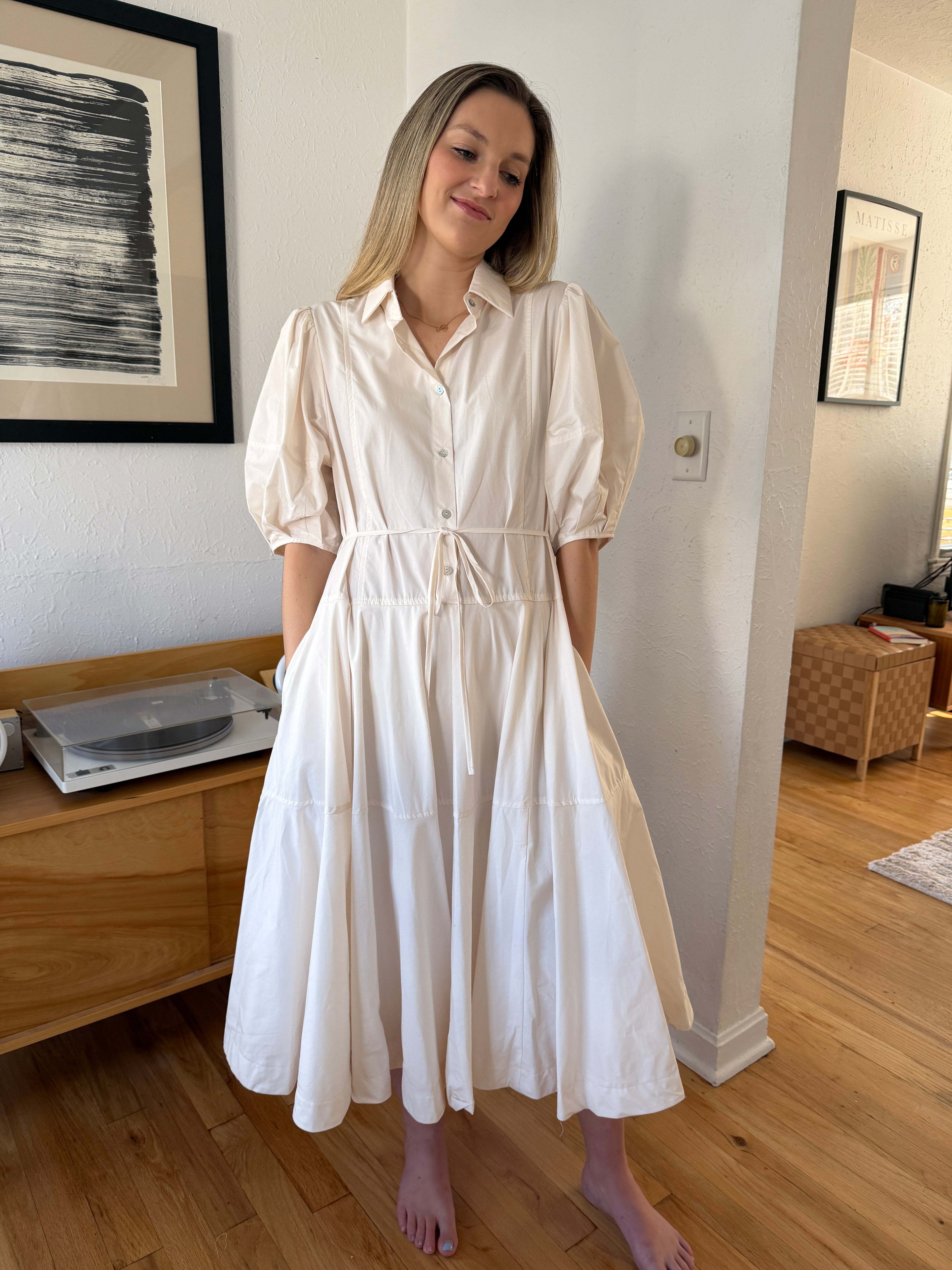 PINCH Essie White Buttoned Drop Waist Belted Midi Dress