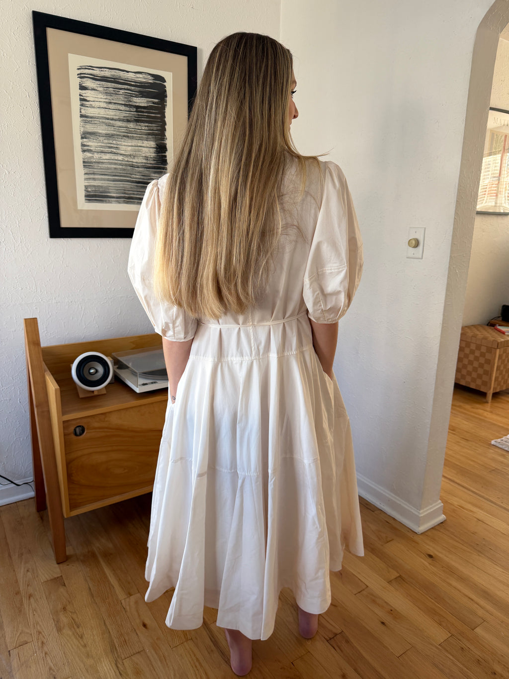 PINCH Essie White Buttoned Drop Waist Belted Midi Dress