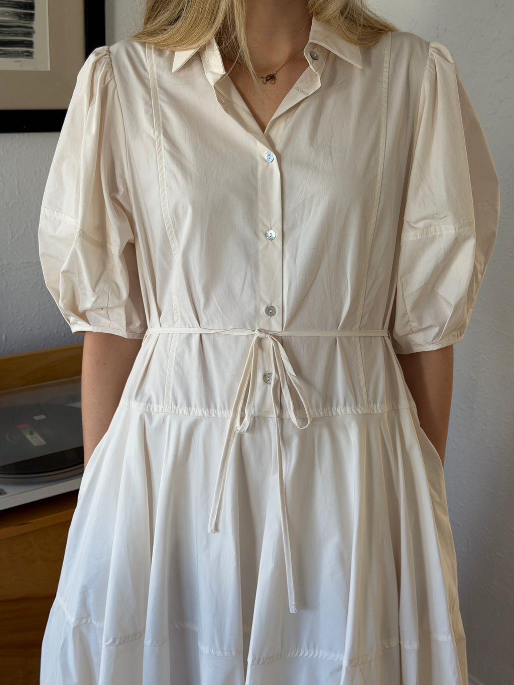 PINCH Essie White Buttoned Drop Waist Belted Midi Dress