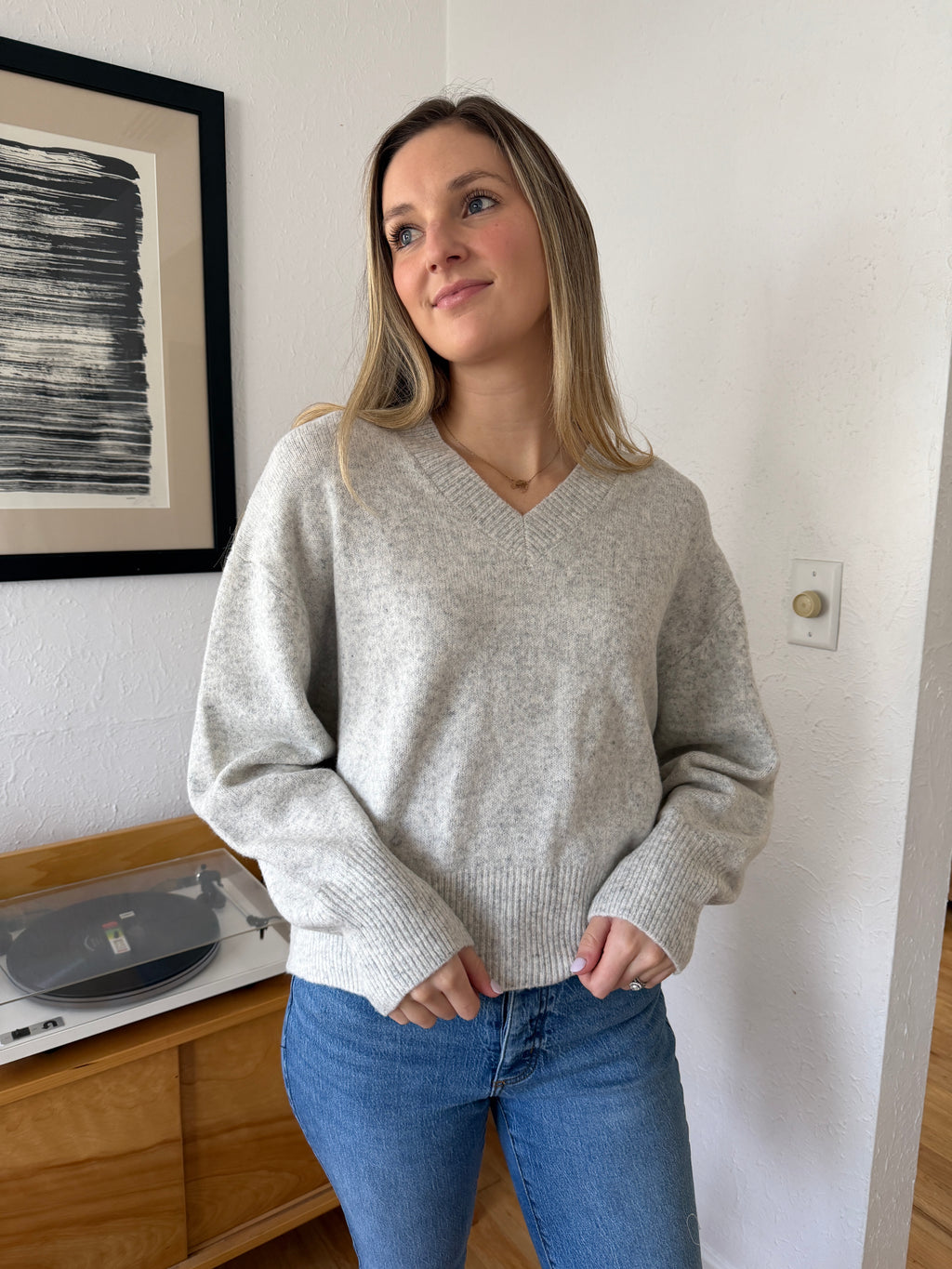 Things Between Emery Knit V-Neck Relaxed Sweater (Grey)