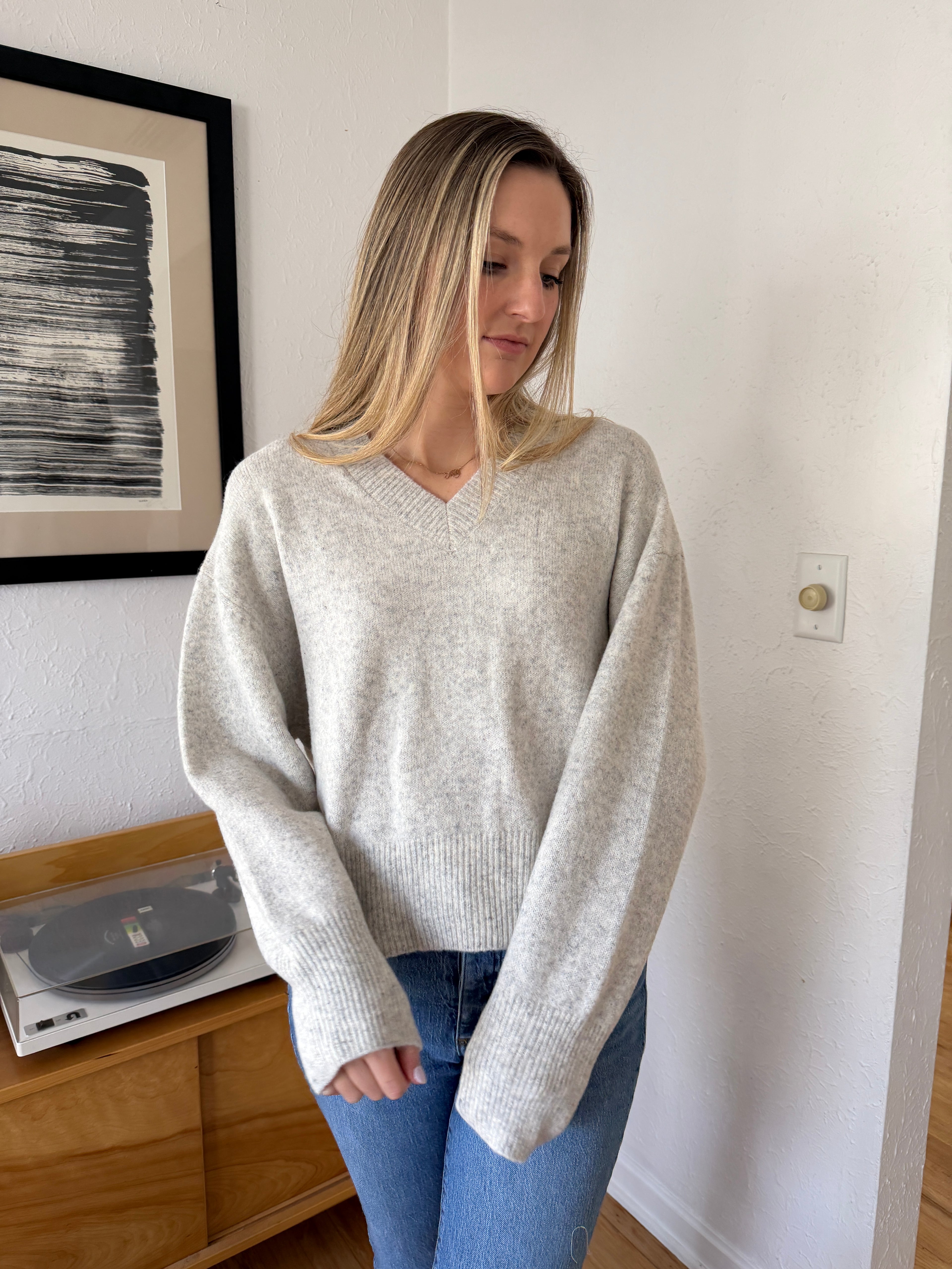Things Between Emery Knit V-Neck Relaxed Sweater (Grey)