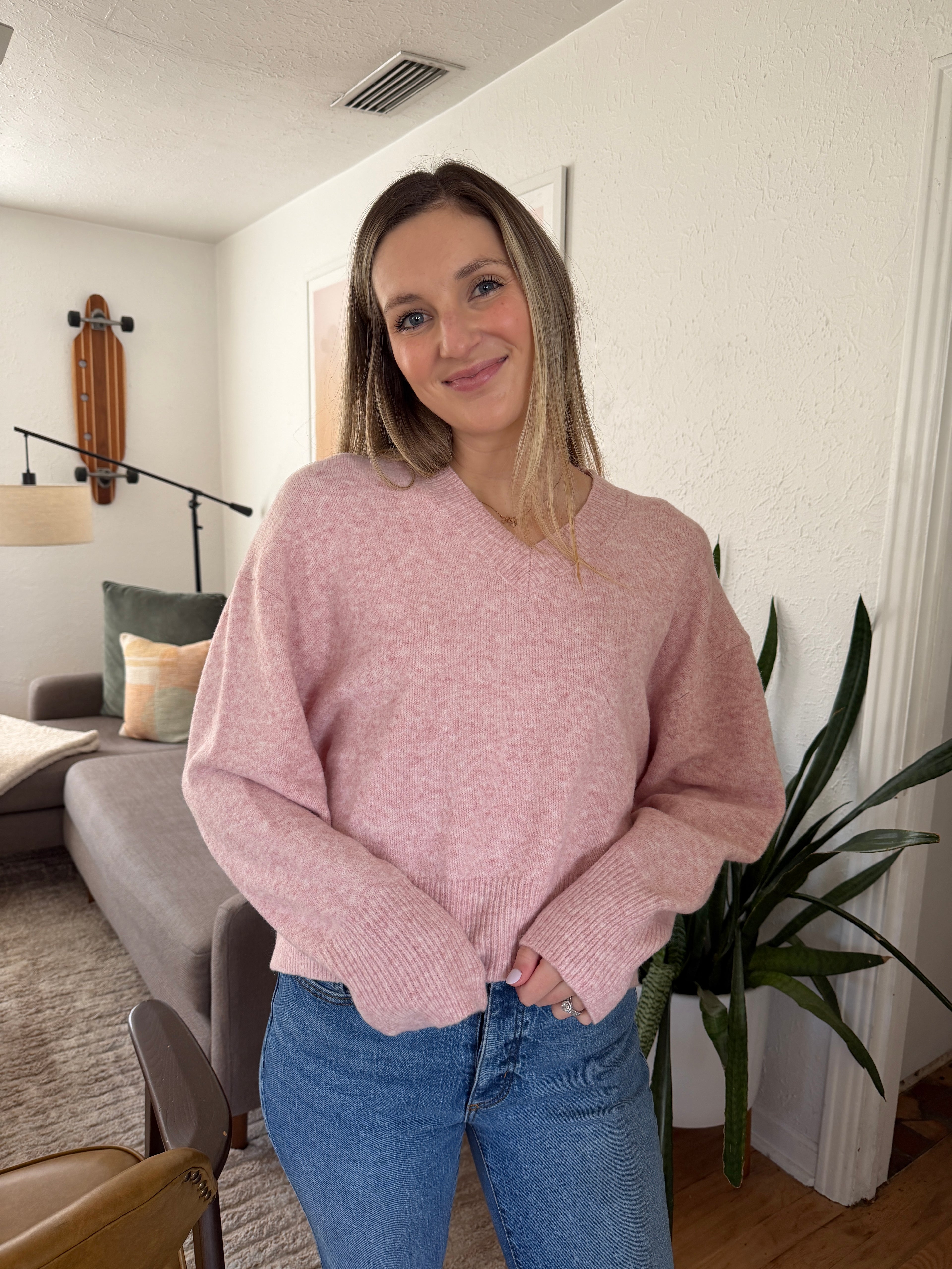 Things Between Emery Knit V-Neck Relaxed Sweater (Pink)