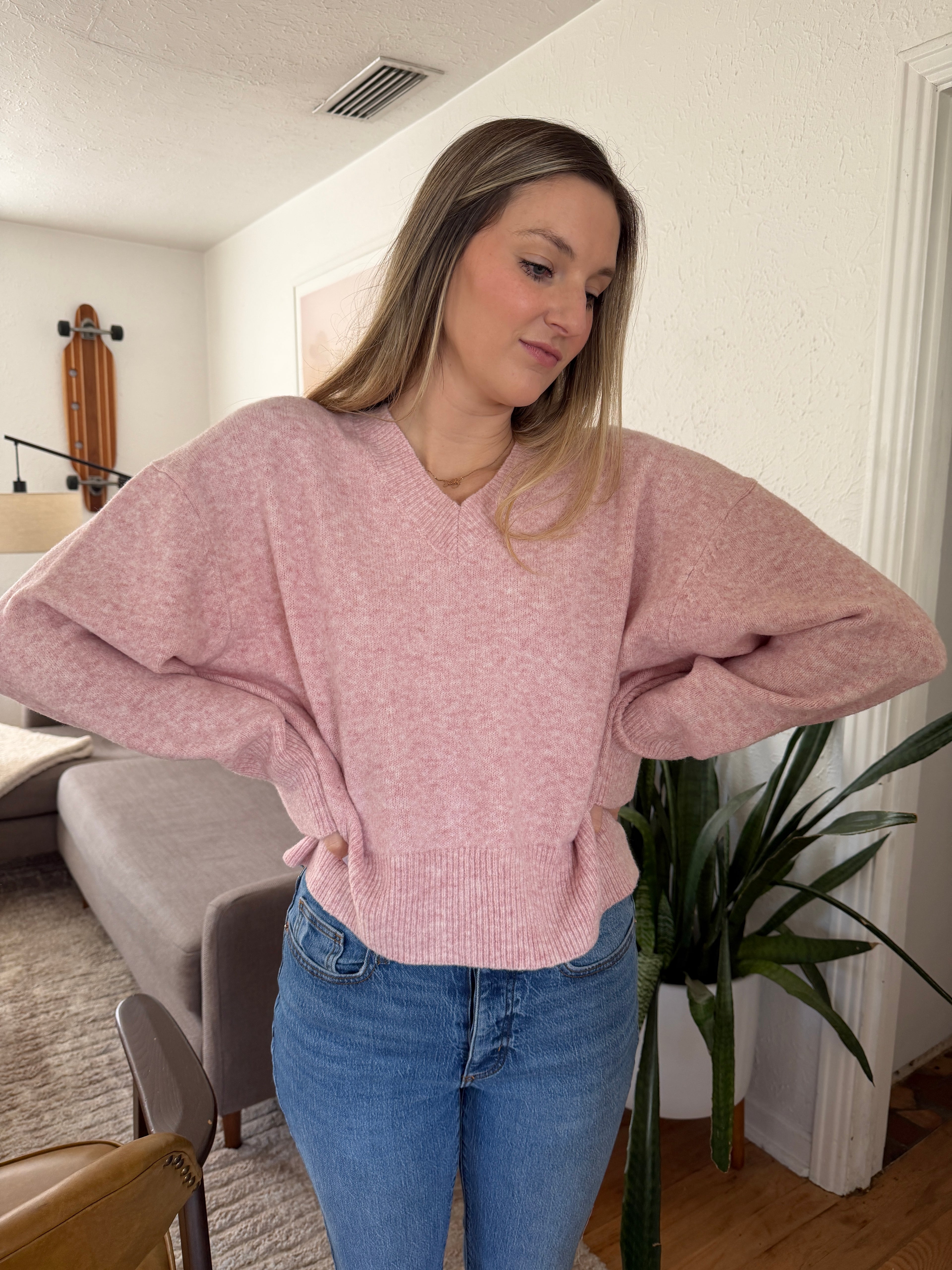Things Between Emery Knit V-Neck Relaxed Sweater (Pink)