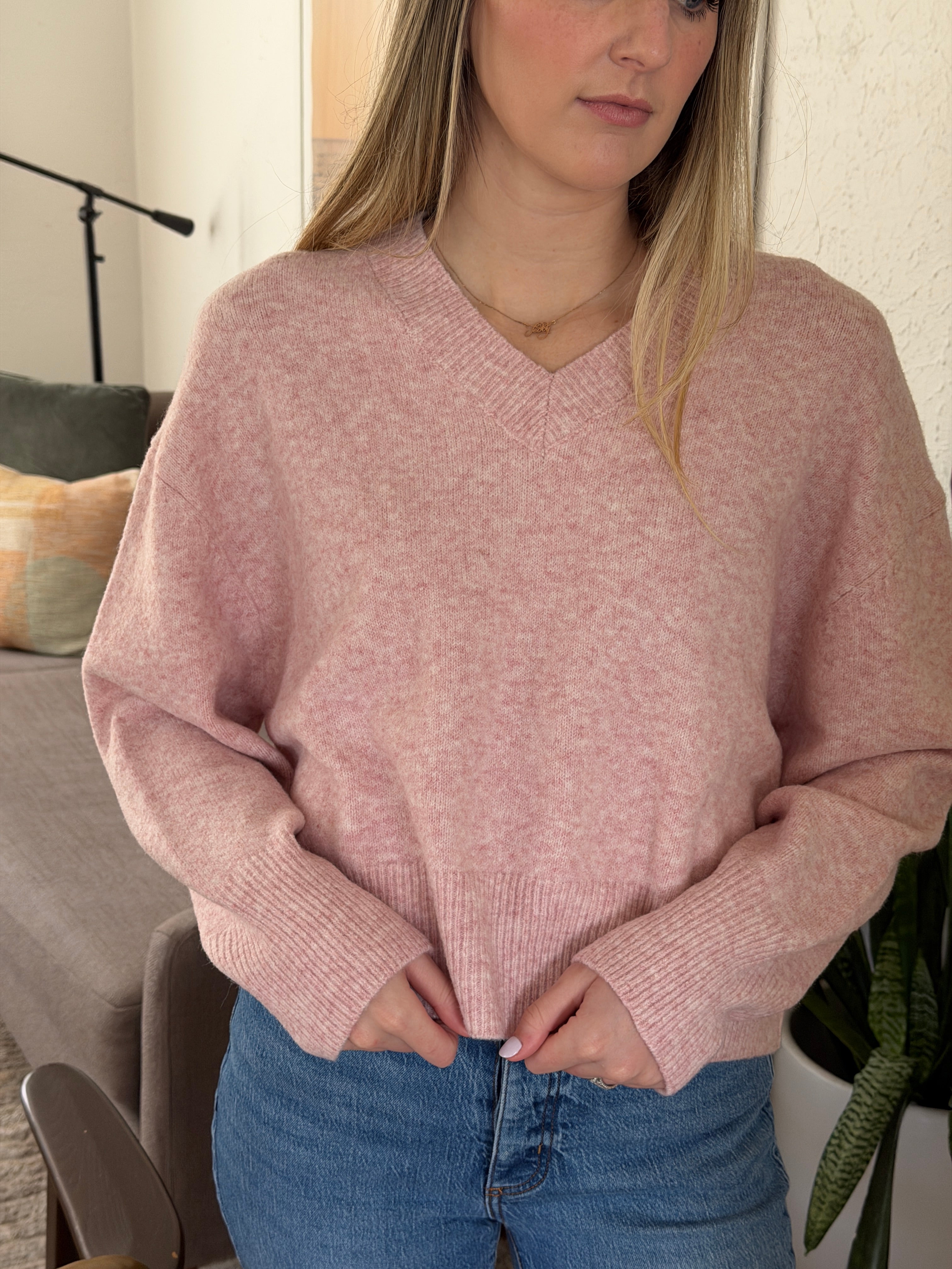 Things Between Emery Knit V-Neck Relaxed Sweater (Pink)