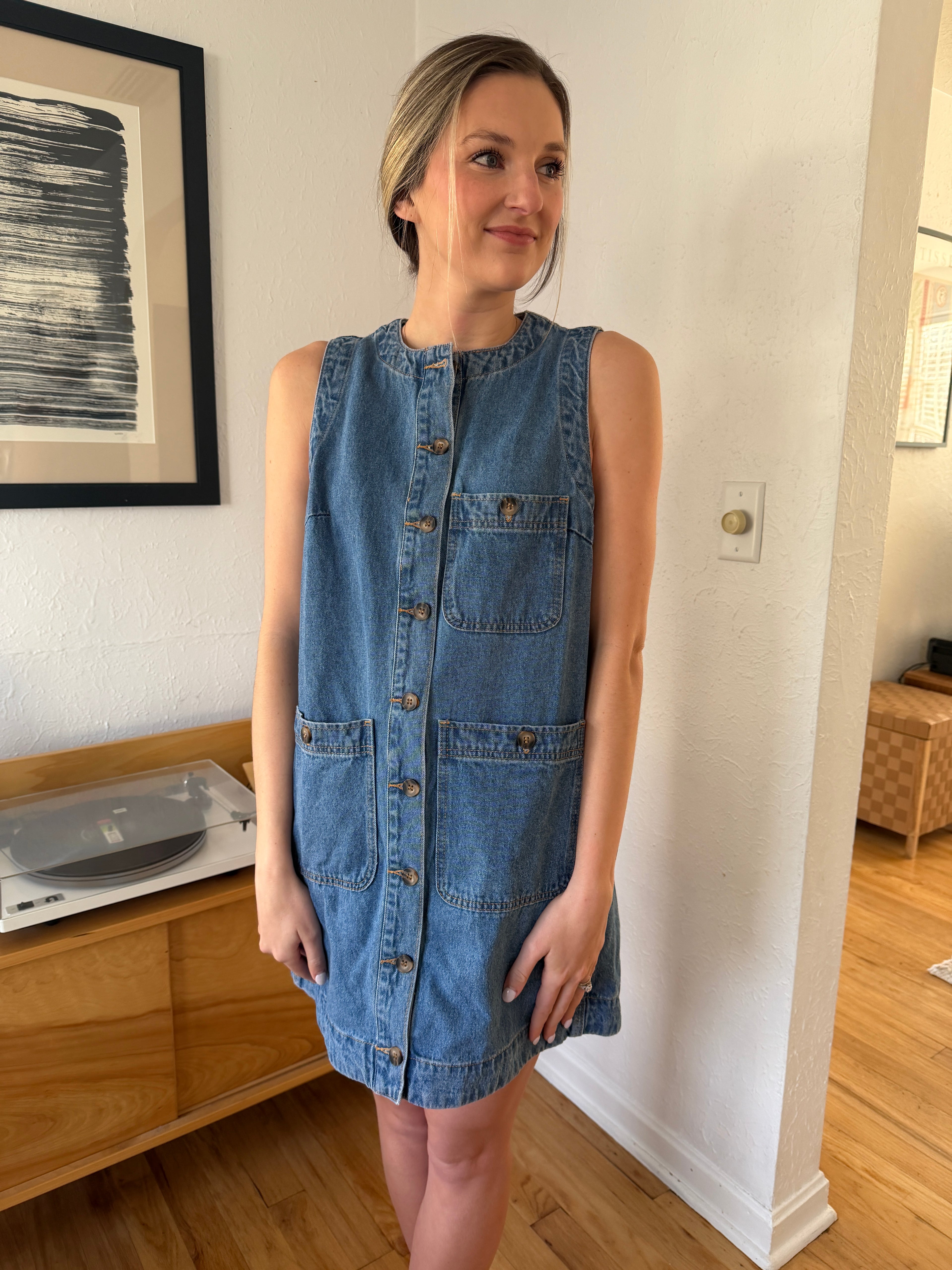 Miou Muse Grace Denim Buttoned Tank Mini Dress
