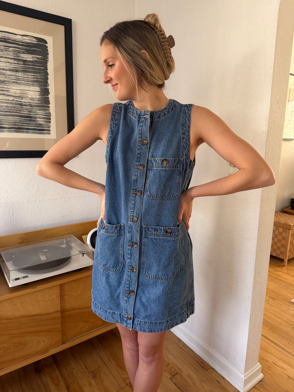 Miou Muse Grace Denim Buttoned Tank Mini Dress