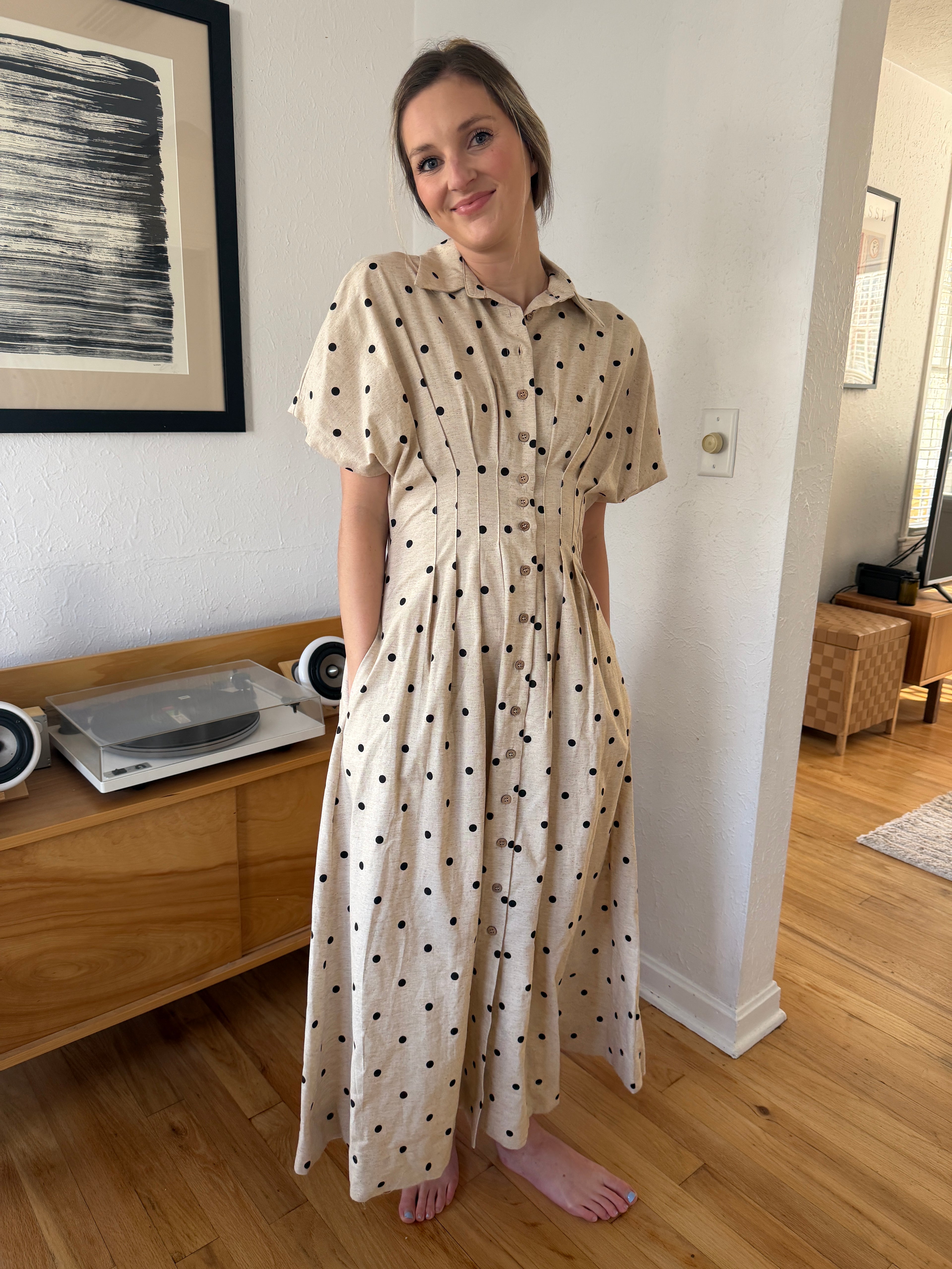 Miou Muse Farrah Linen Polka Dot Cinched Waist Midi Dress