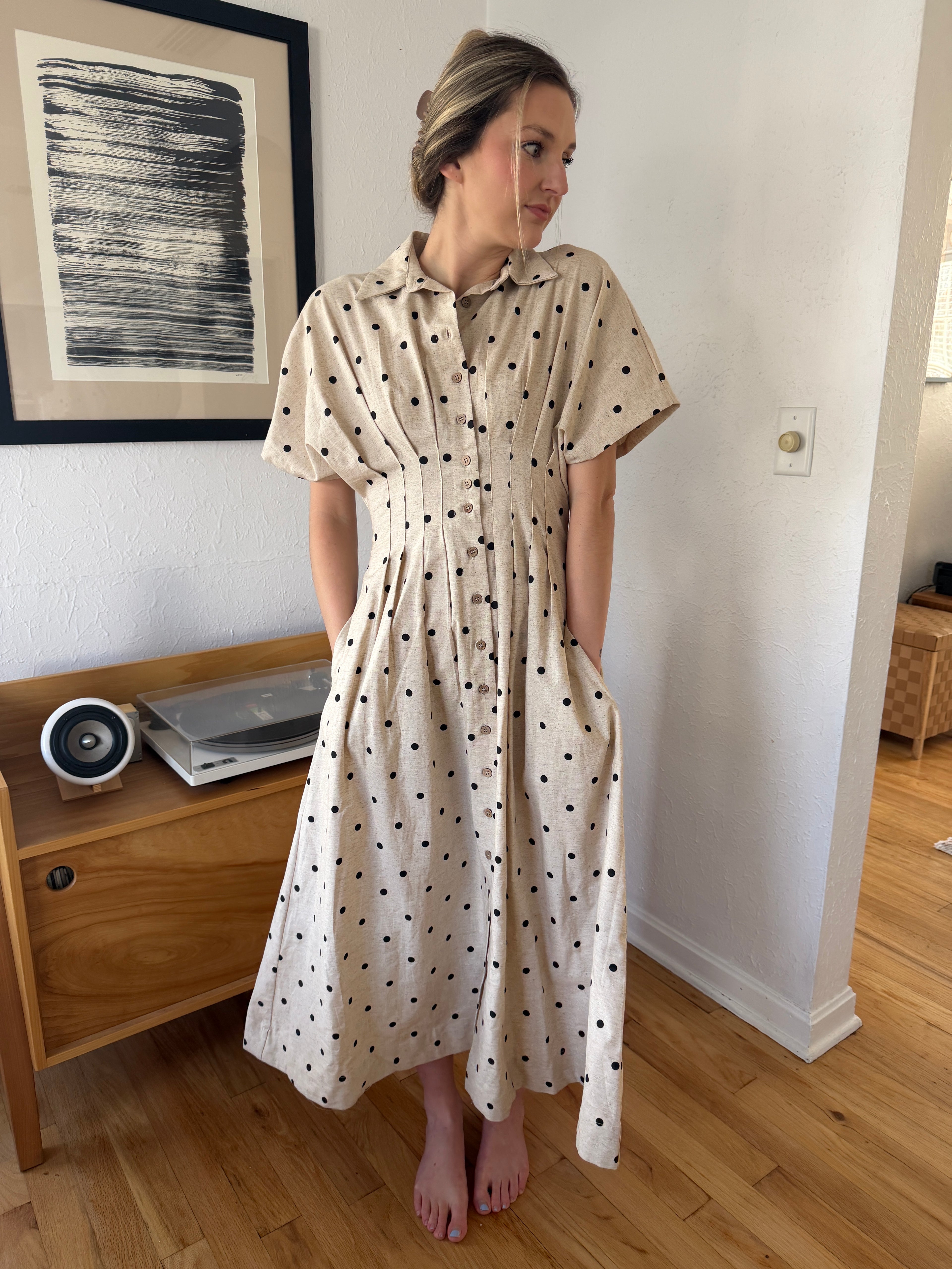 Miou Muse Farrah Linen Polka Dot Cinched Waist Midi Dress