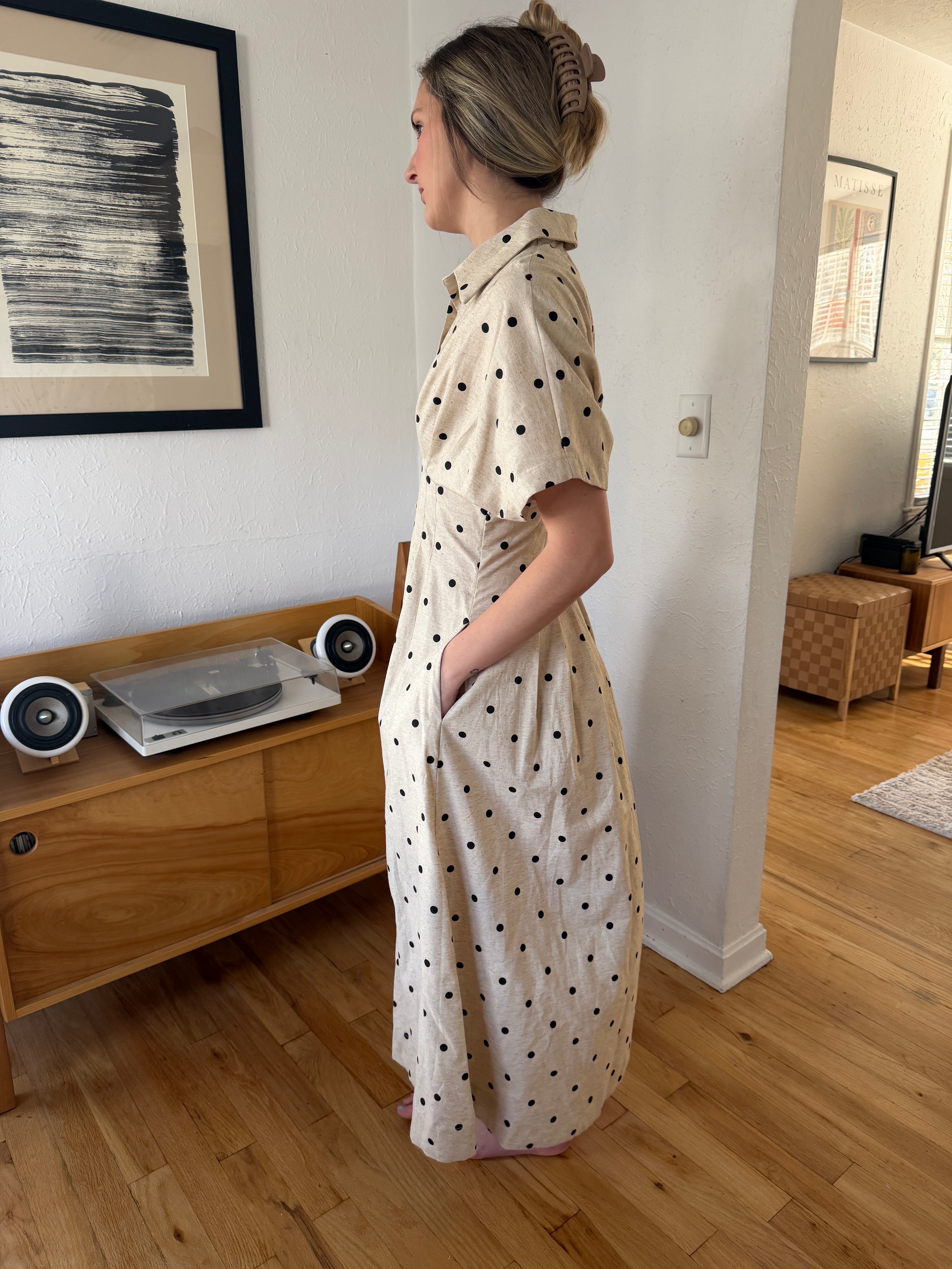 Miou Muse Farrah Linen Polka Dot Cinched Waist Midi Dress