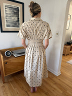 Miou Muse Farrah Linen Polka Dot Cinched Waist Midi Dress