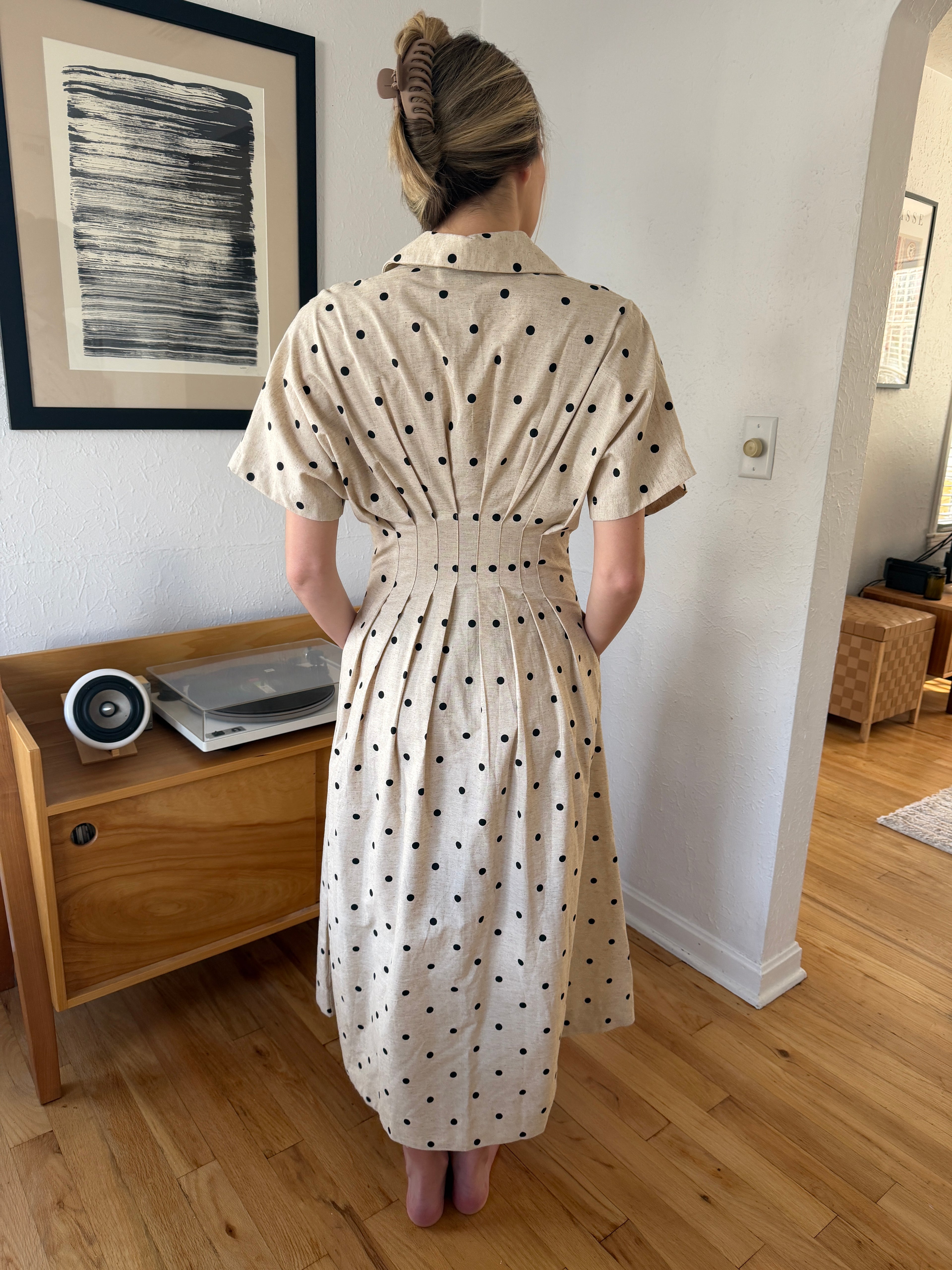 Miou Muse Farrah Linen Polka Dot Cinched Waist Midi Dress