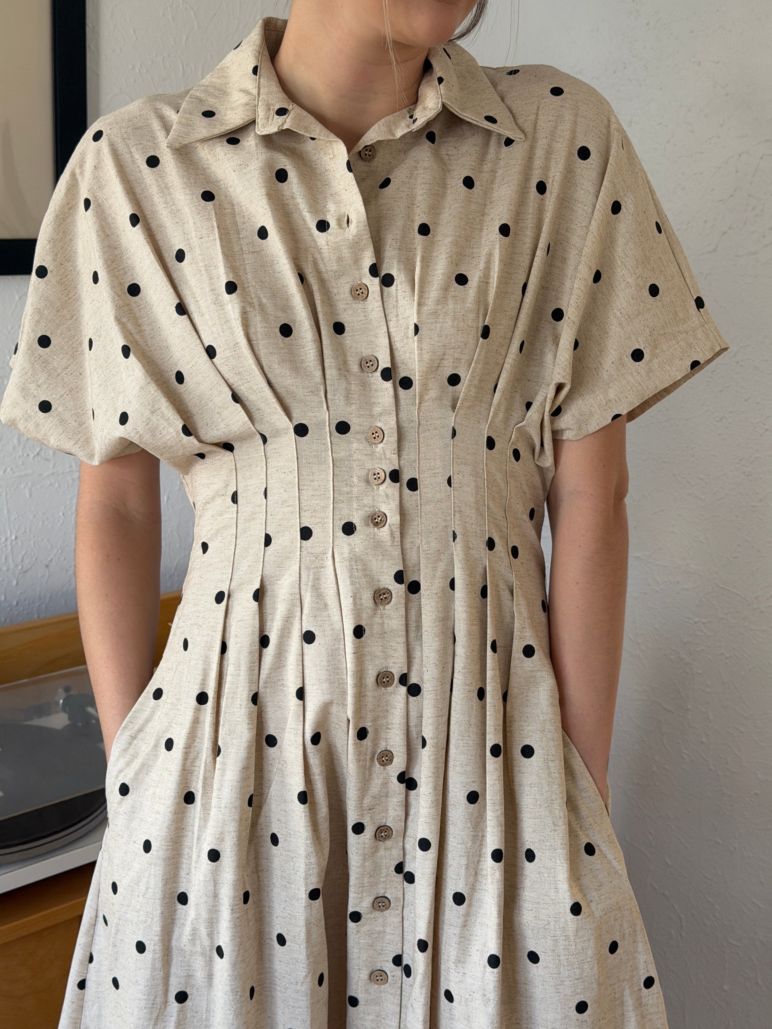 Miou Muse Farrah Linen Polka Dot Cinched Waist Midi Dress