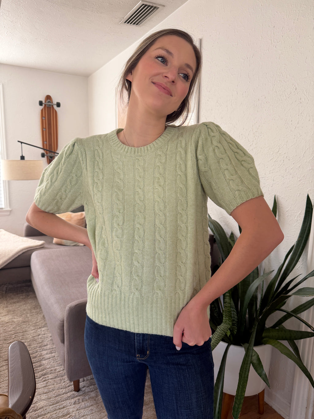 PINCH Freya Cable Knit Short Sleeve Sweater (Sage)