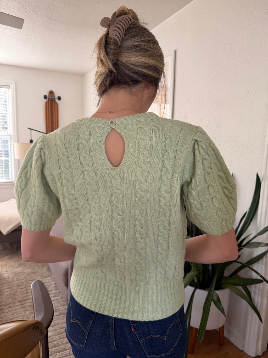 PINCH Freya Cable Knit Short Sleeve Sweater (Sage)