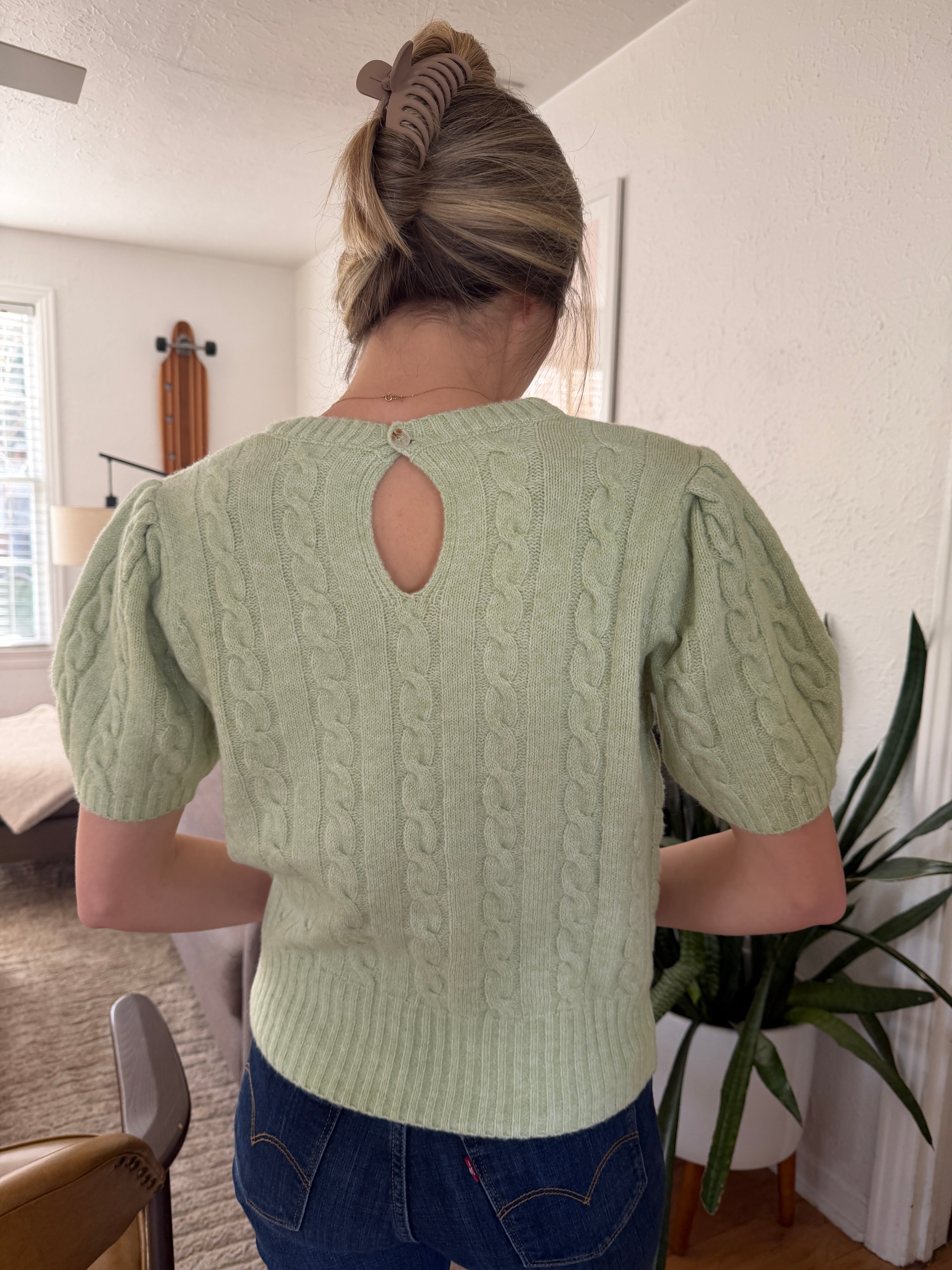 PINCH Freya Cable Knit Short Sleeve Sweater (Sage)