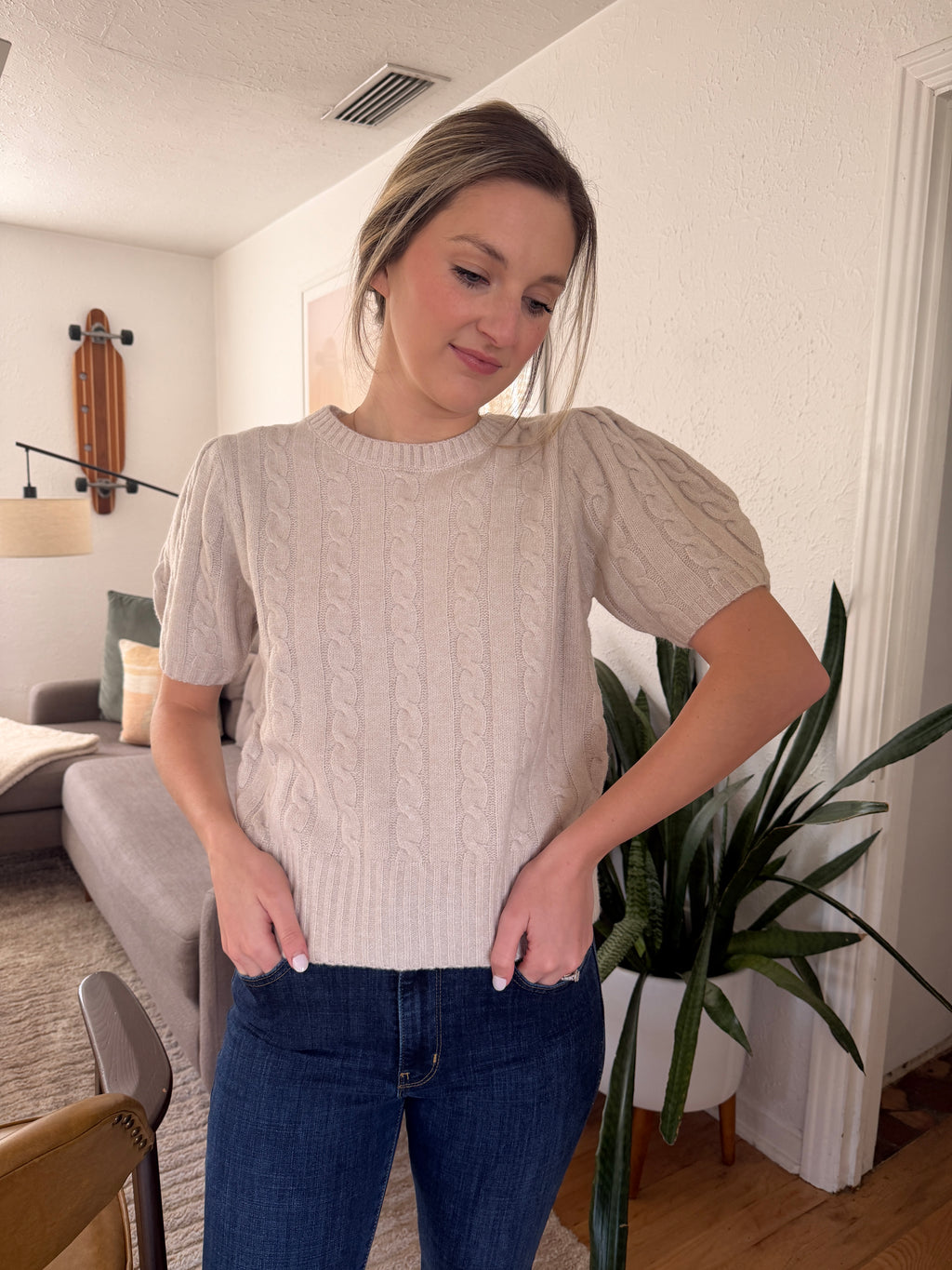 PINCH Freya Cable Knit Short Sleeve Sweater (Cream)