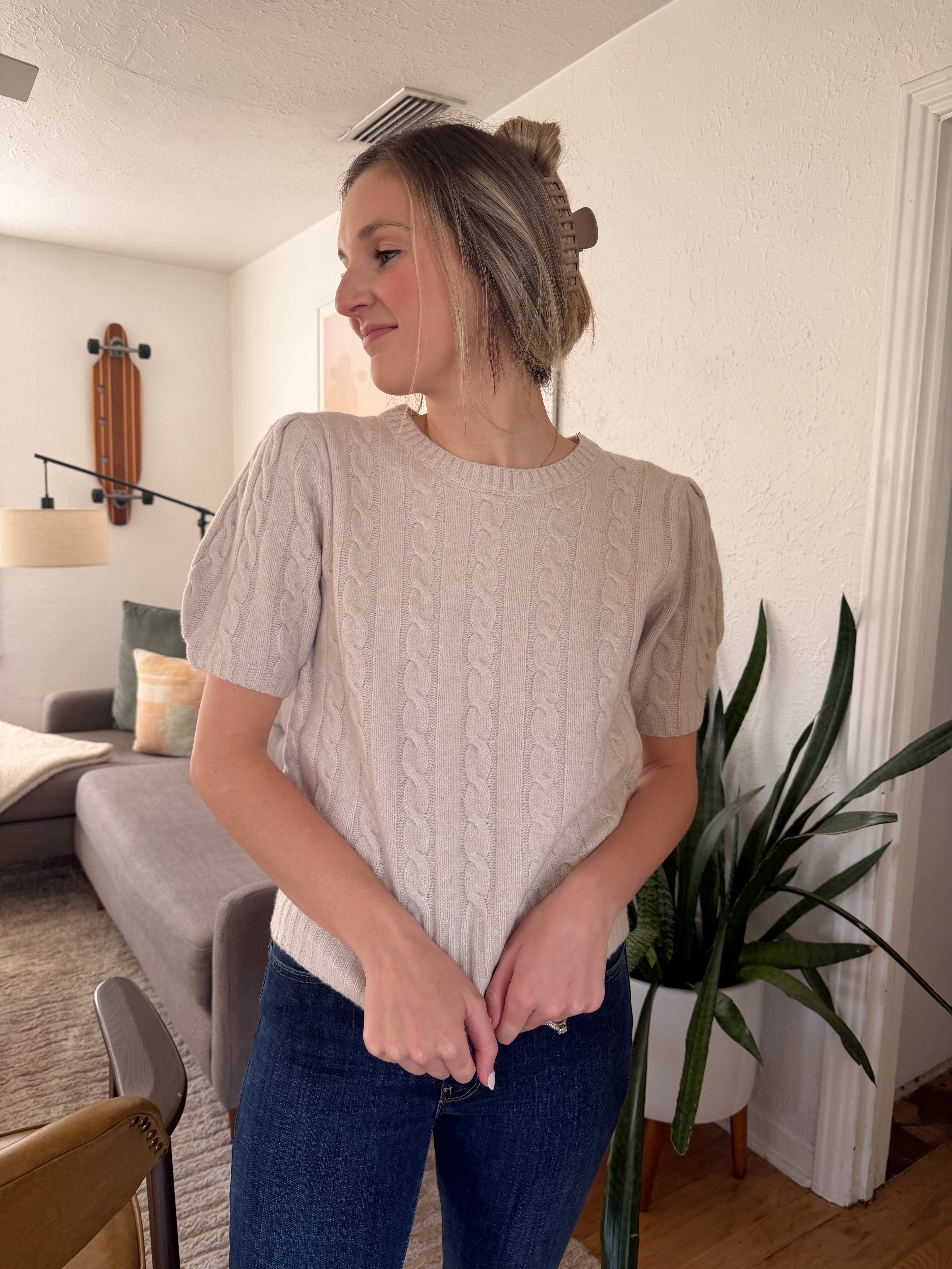 PINCH Freya Cable Knit Short Sleeve Sweater (Cream)