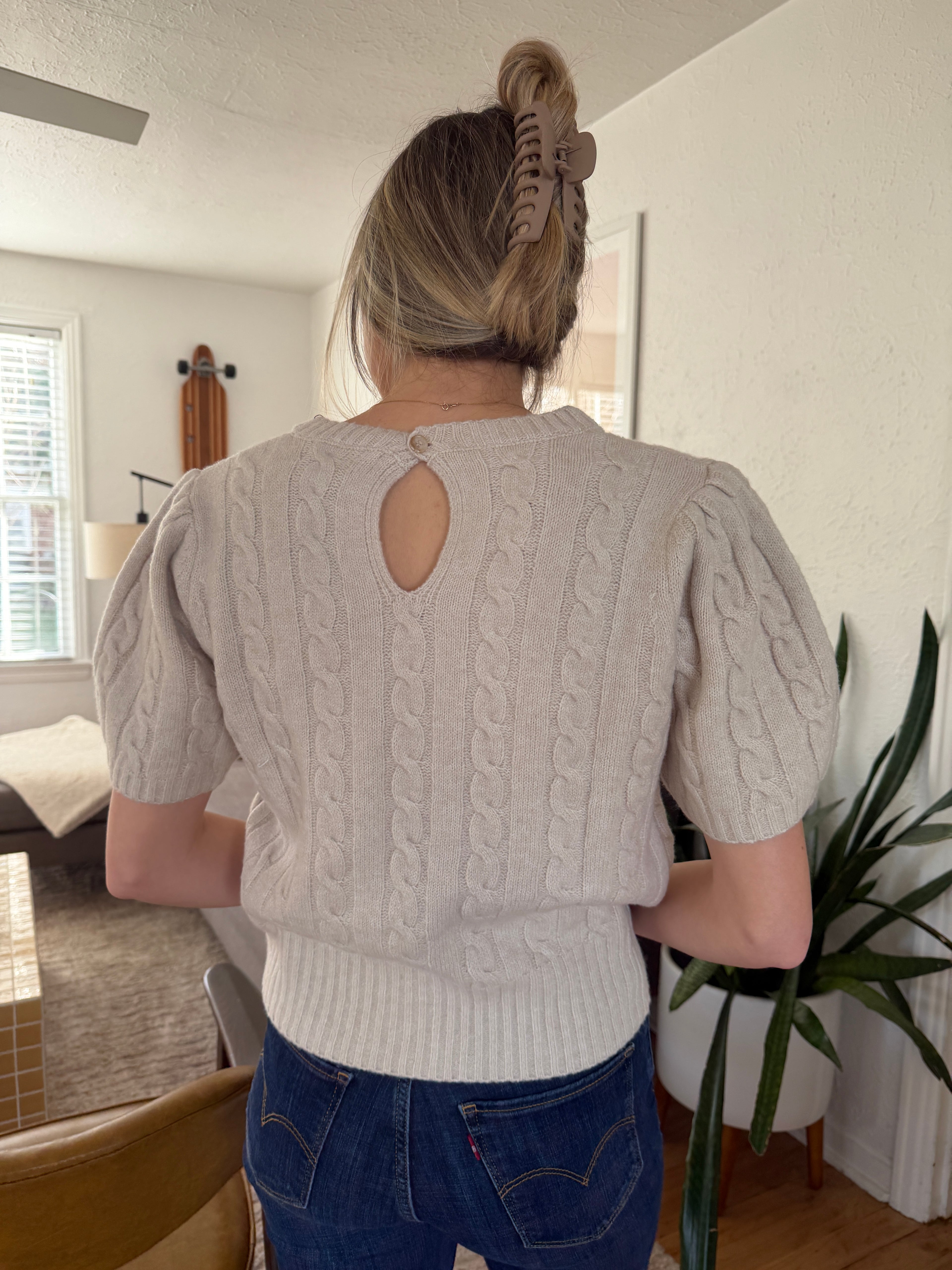 PINCH Freya Cable Knit Short Sleeve Sweater (Cream)