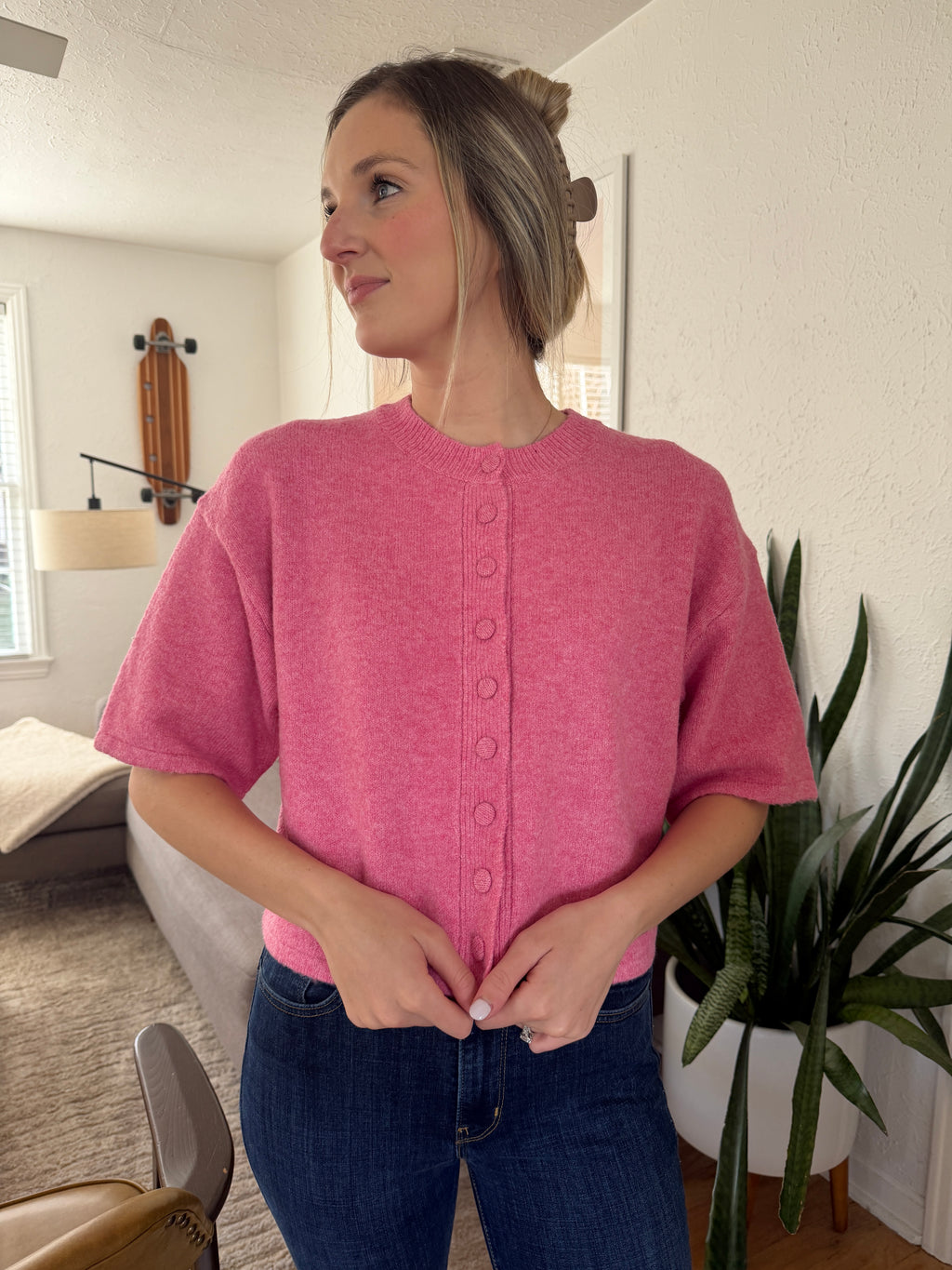 PINCH Flora Pink Knit Short Sleeve Button Cardigan Top