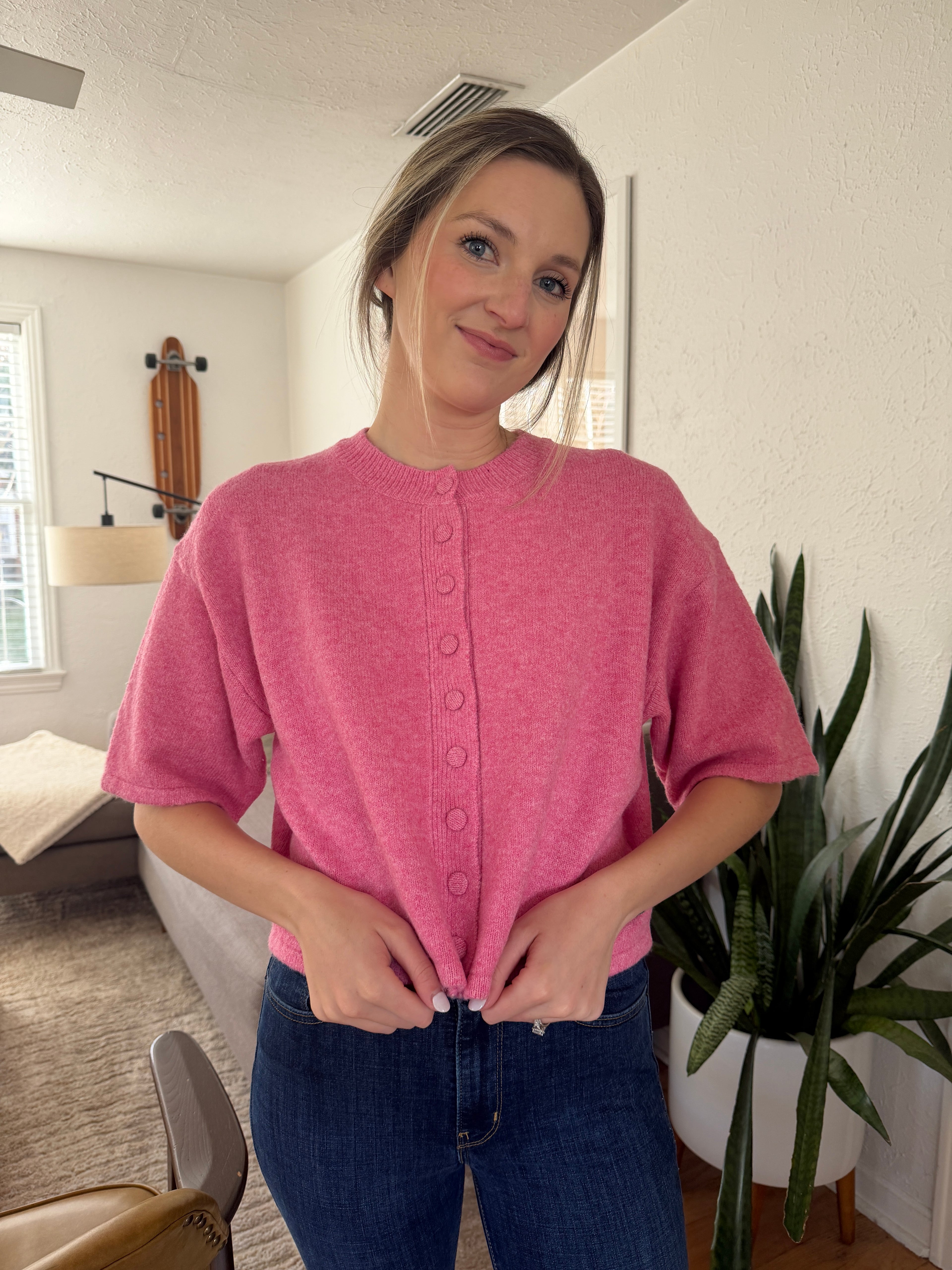 PINCH Flora Pink Knit Short Sleeve Button Cardigan Top