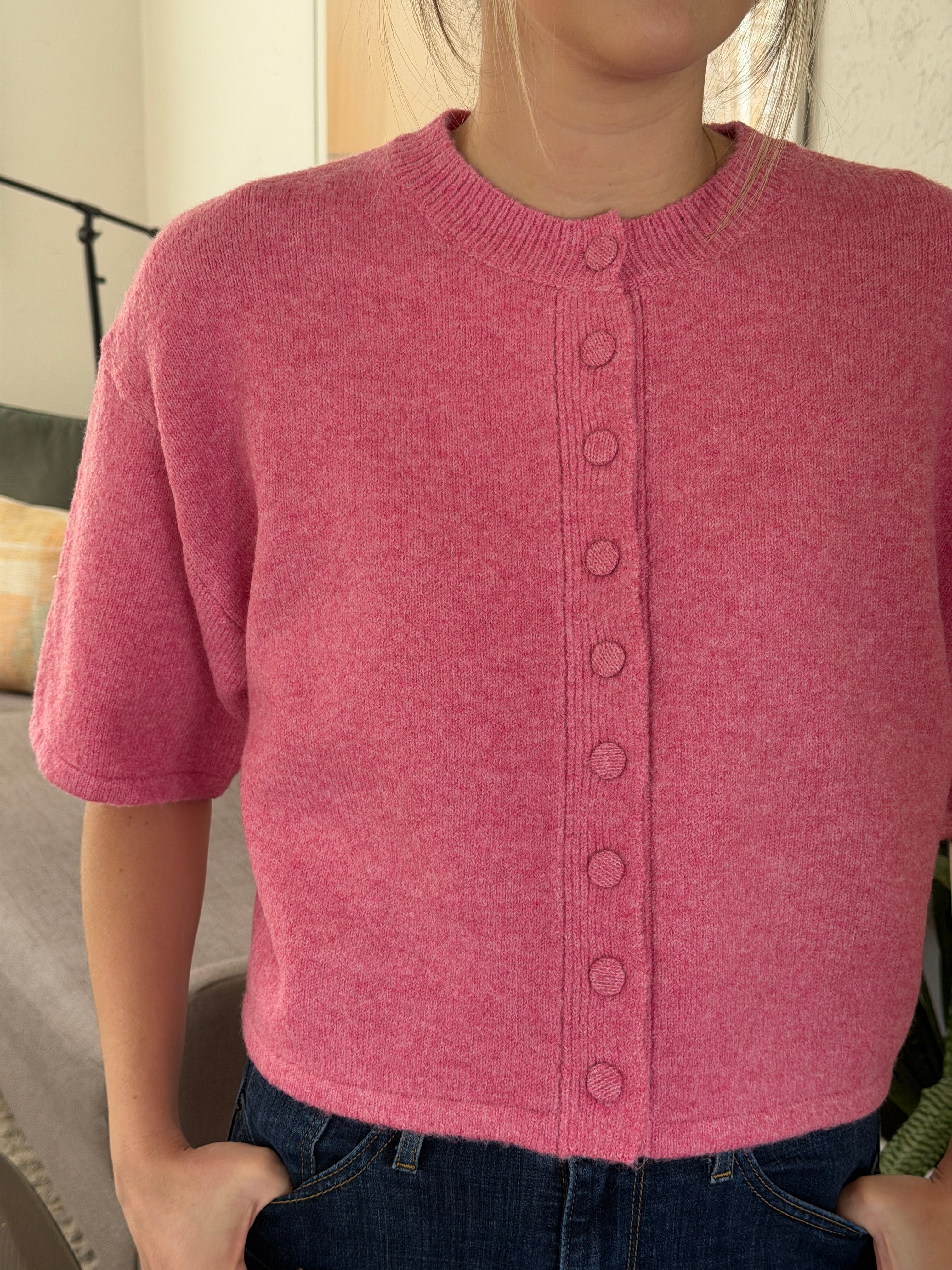 PINCH Flora Pink Knit Short Sleeve Button Cardigan Top – Momni