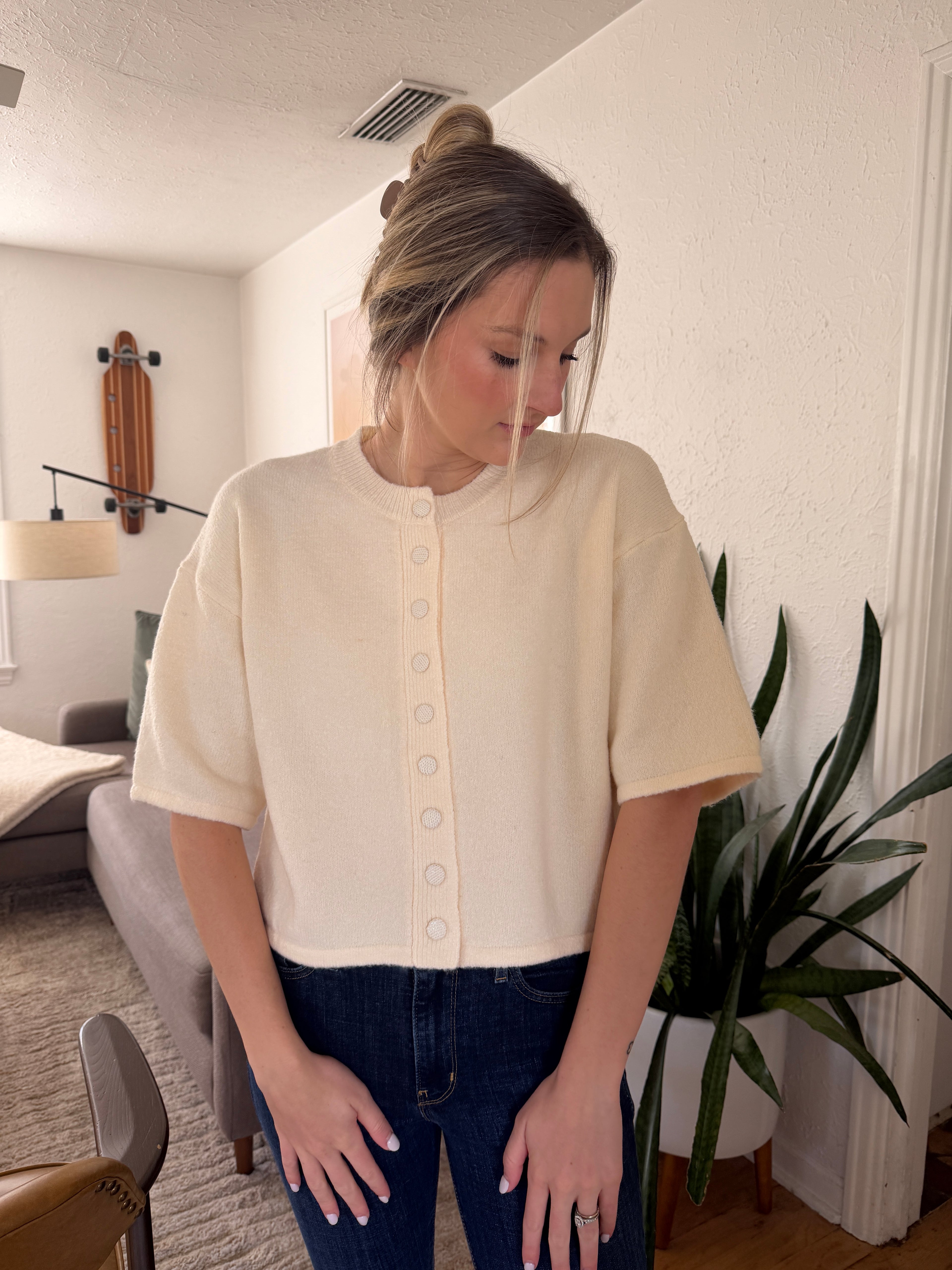 PINCH Flora Cream Knit Short Sleeve Button Cardigan Top