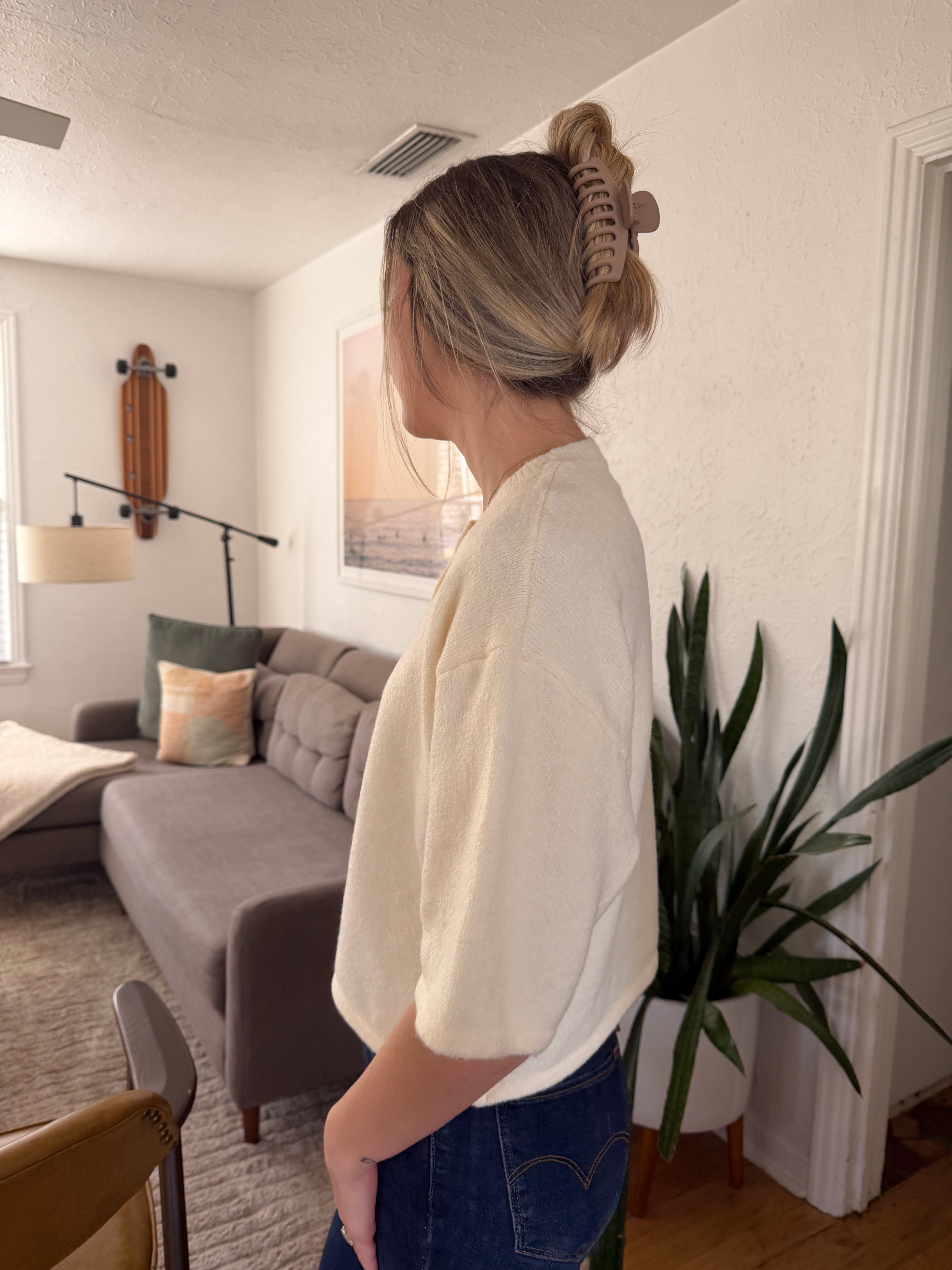 PINCH Flora Cream Knit Short Sleeve Button Cardigan Top