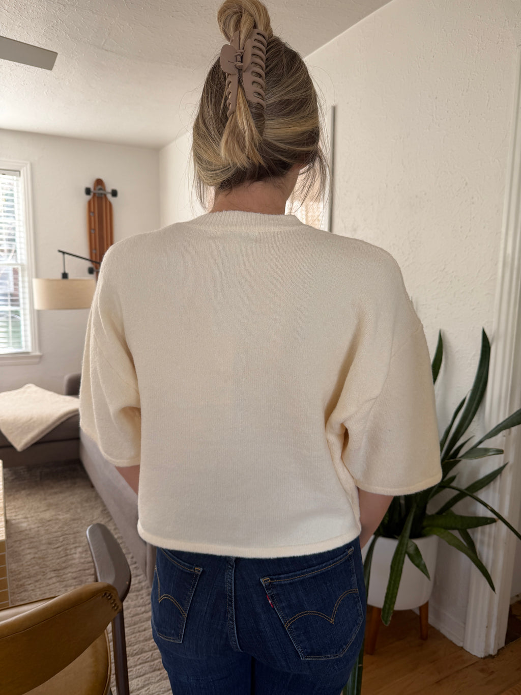 PINCH Flora Cream Knit Short Sleeve Button Cardigan Top